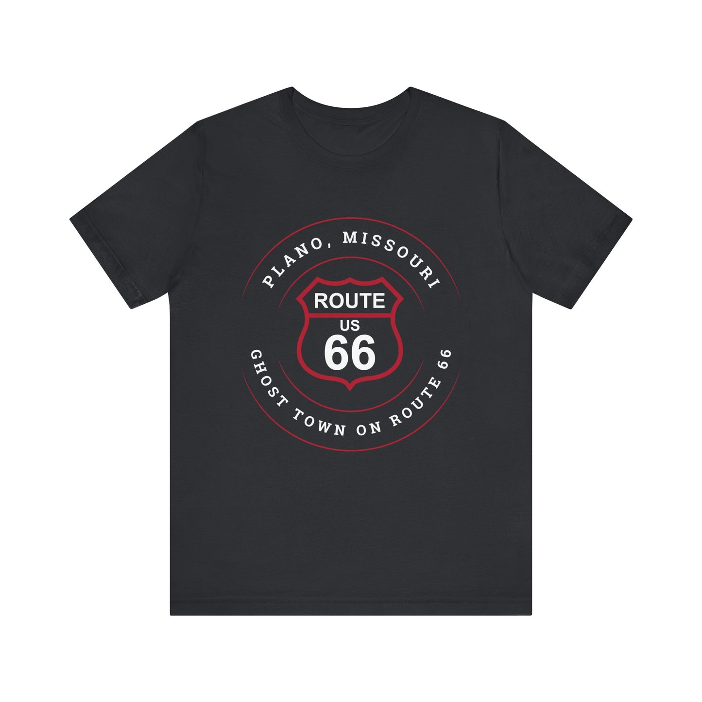 Vintage black retro Route 66 unisex jersey tee with Plano, MO "Ghost Town on Route 66" design