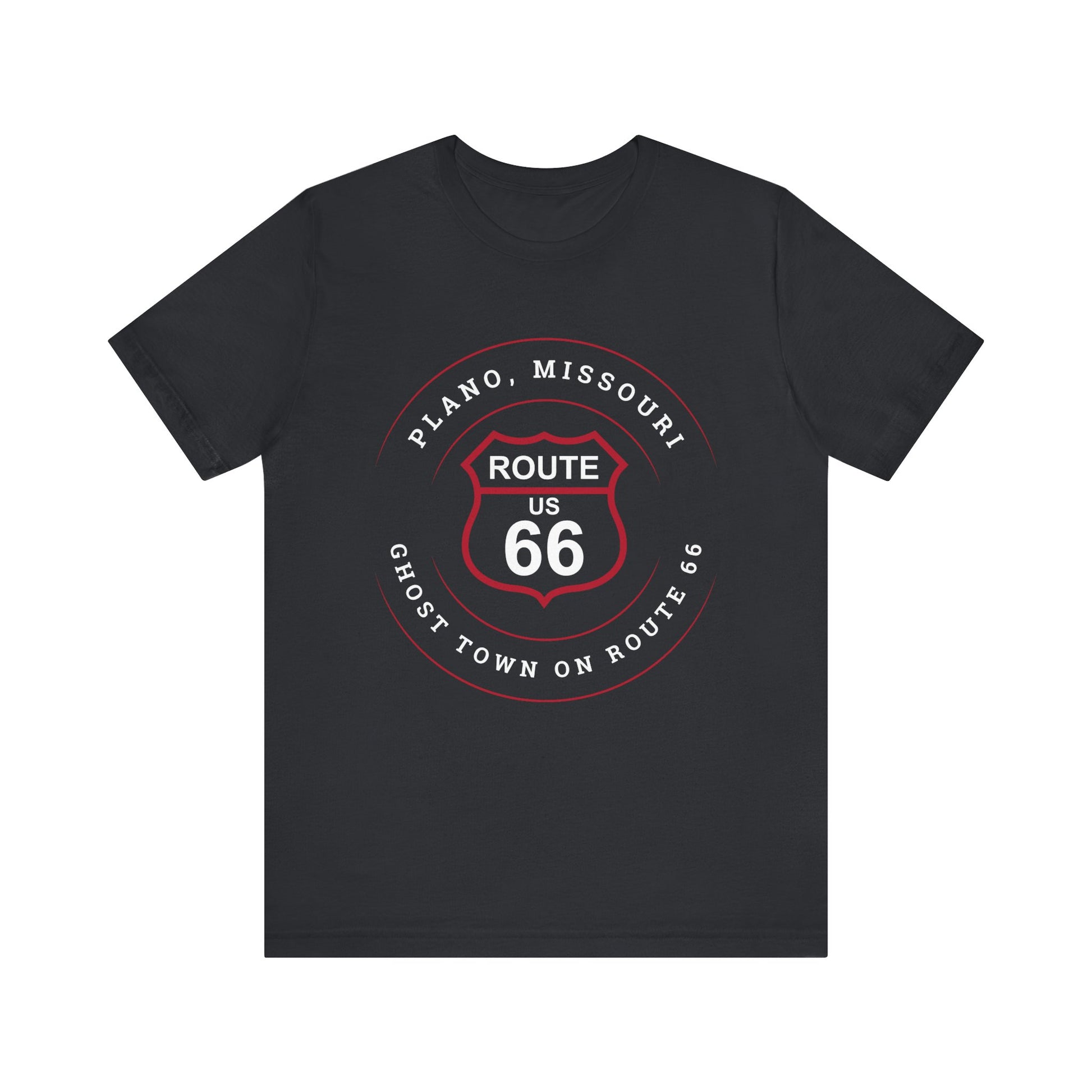 Vintage black retro Route 66 unisex jersey tee with Plano, MO "Ghost Town on Route 66" design