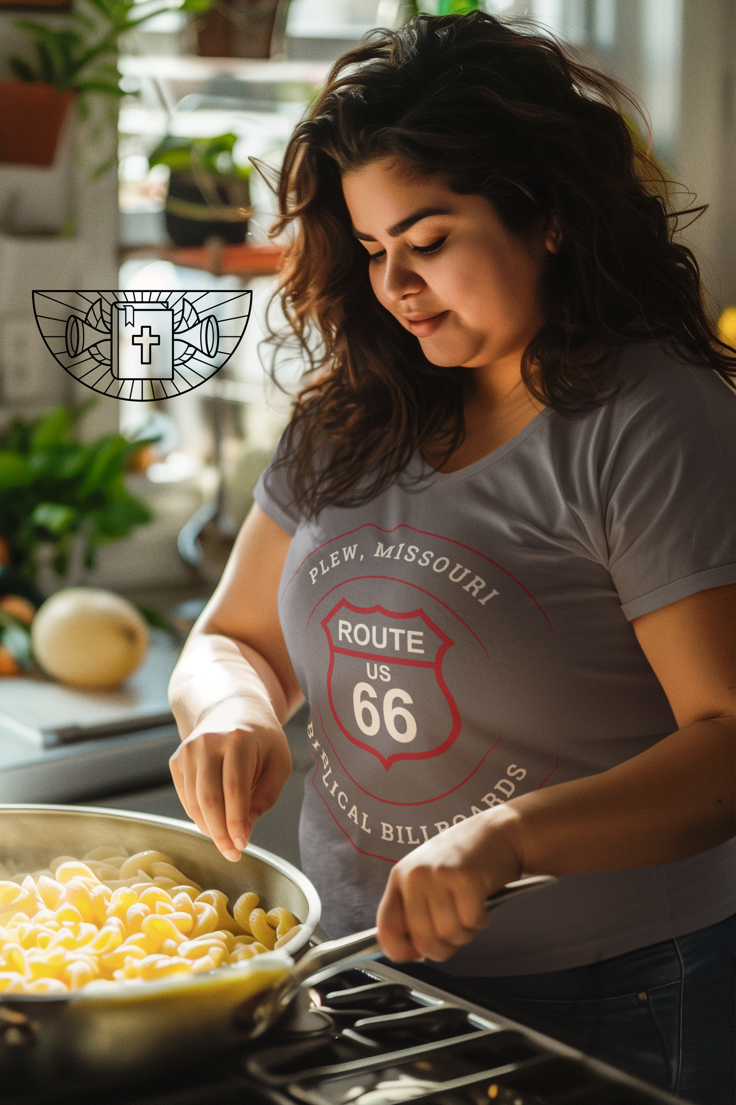 Female model wearing a grey retro Route 66 unisex jersey tee with a Plew, MO: "Biblical Billboards" design