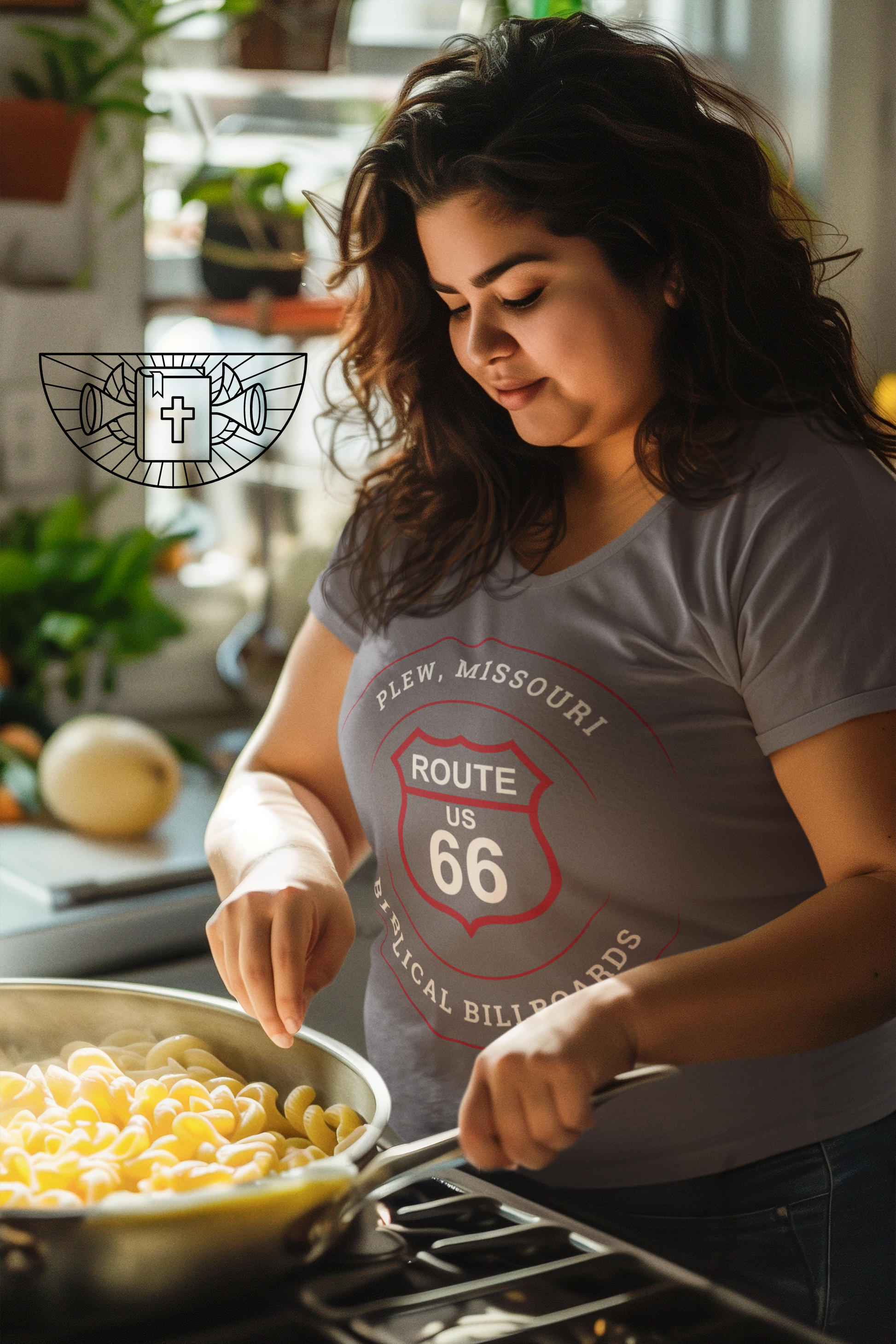Female model wearing a grey retro Route 66 unisex jersey tee with a Plew, MO: "Biblical Billboards" design