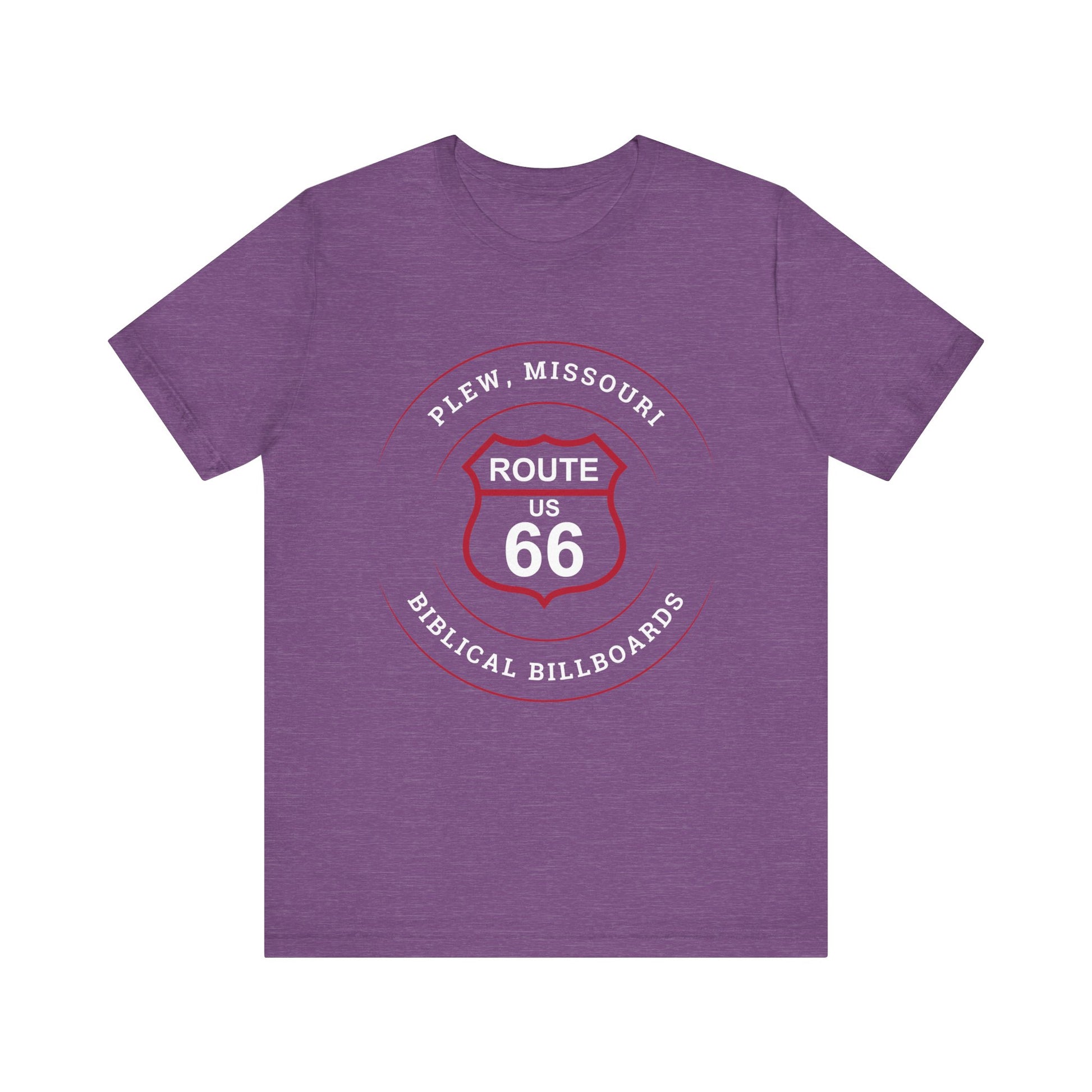 Heather team purple retro Route 66 unisex jersey tee with Plew, MO: "Biblical Billboards" design