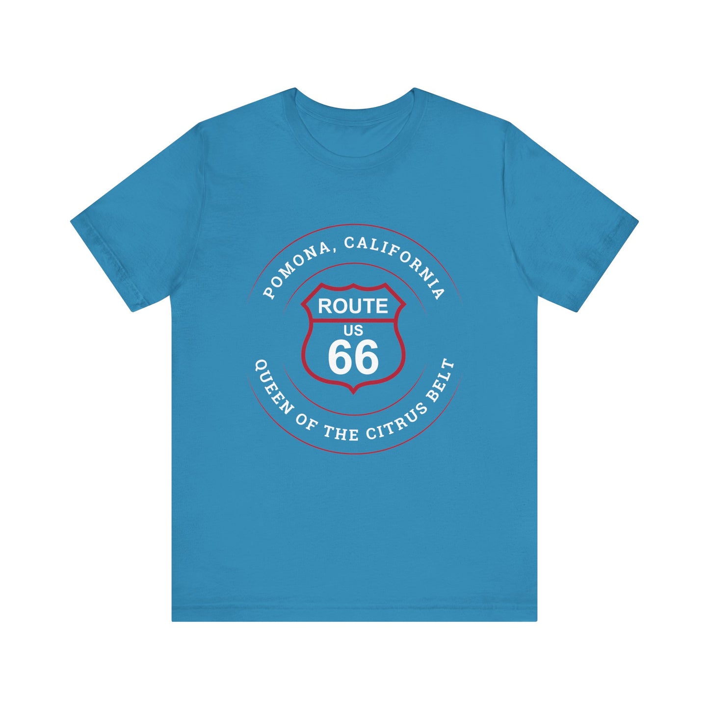 Aqua retro Route 66 unisex jersey tee with Pomona, CA: "Queen of the Citrus Belt" design