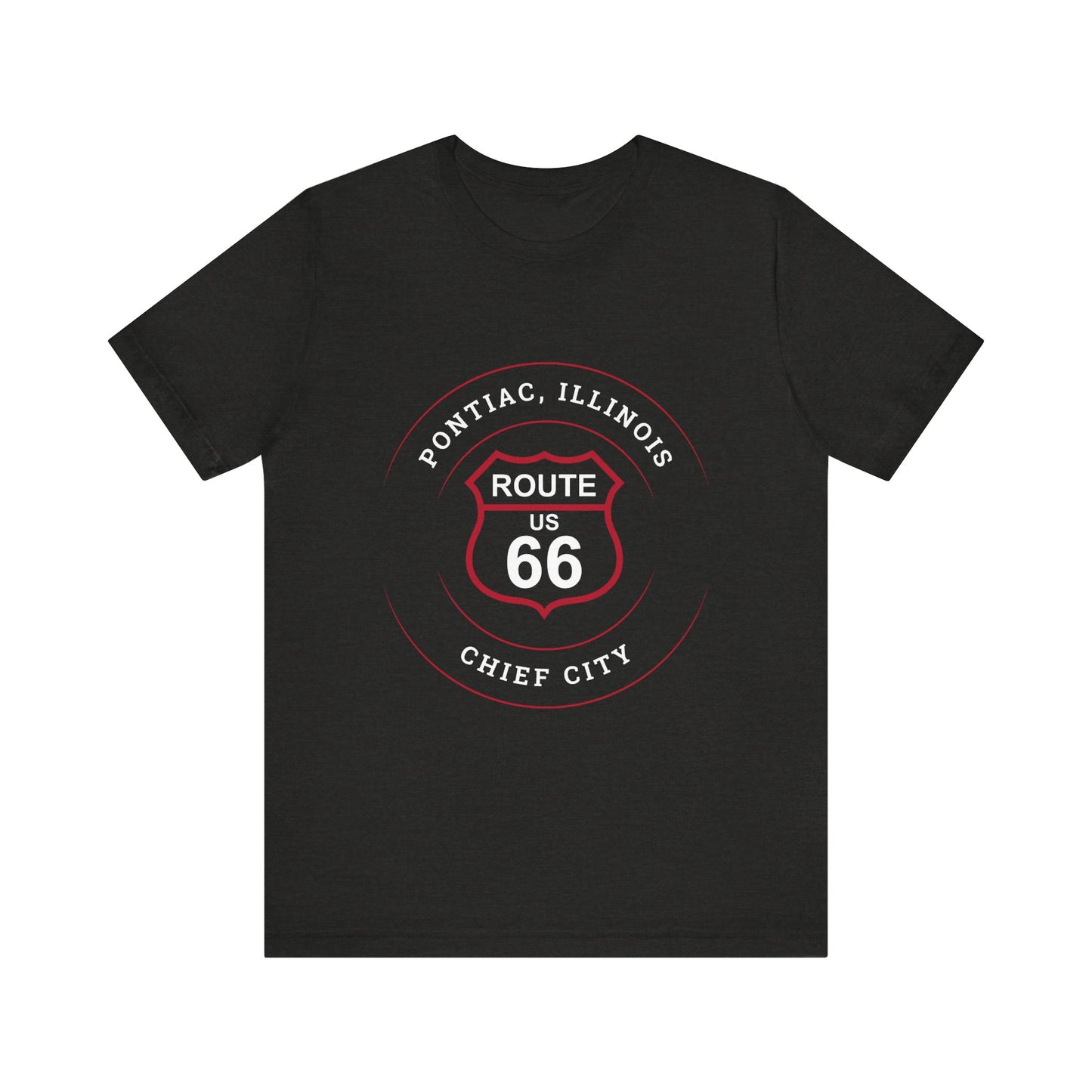 Black heather retro Route 66 unisex jersey tee with Pontiac, IL: "Chief City" design