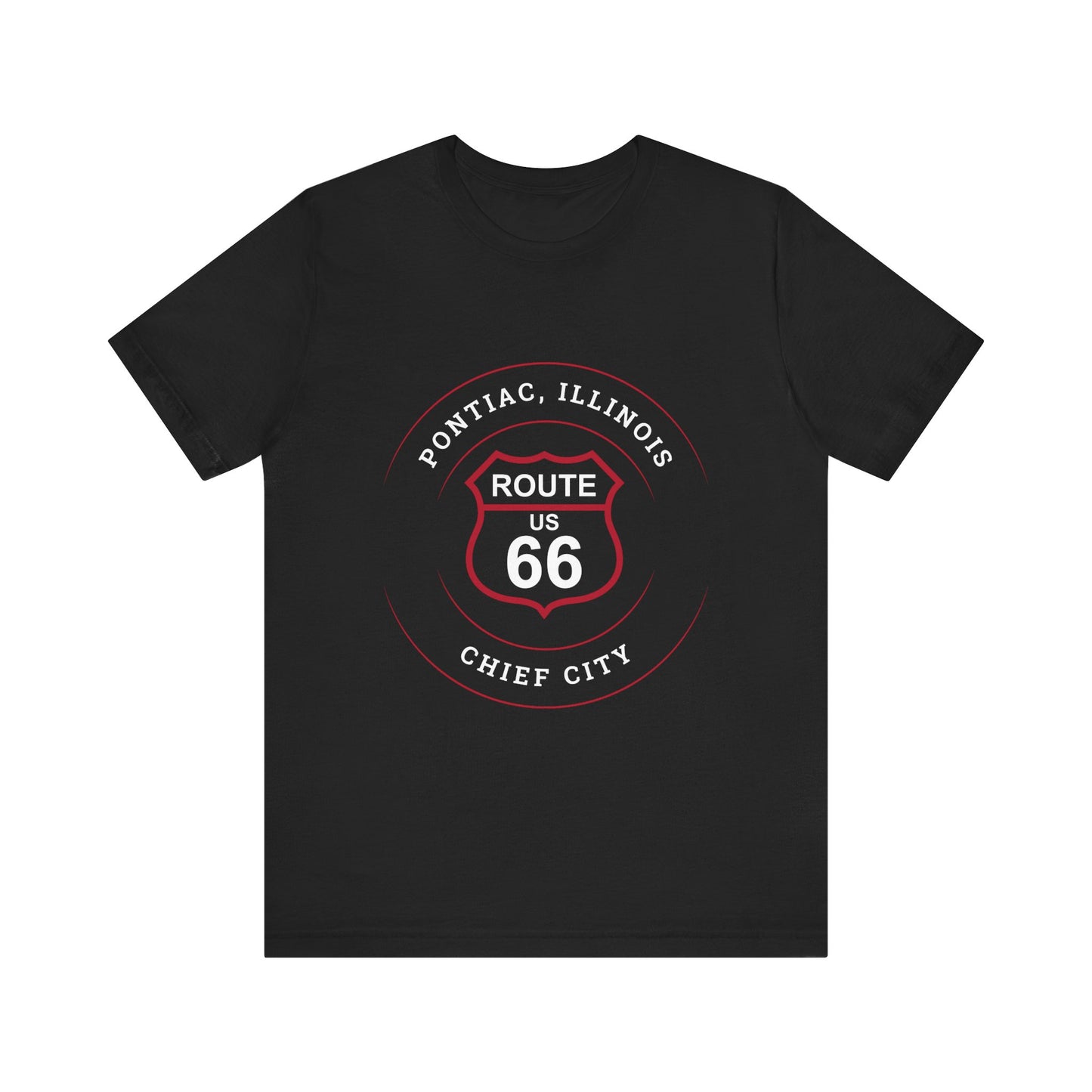 Black retro Route 66 unisex jersey tee with Pontiac, IL: "Chief City" design