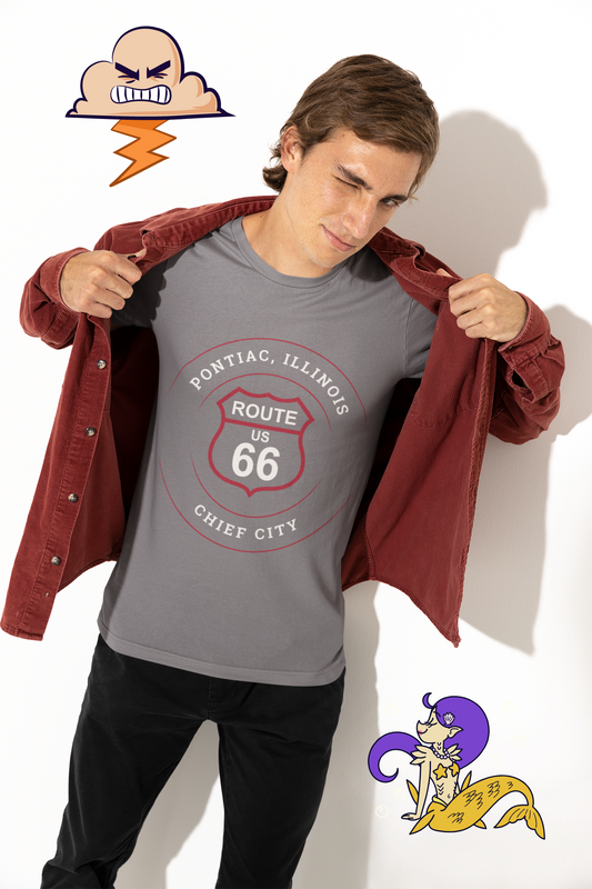 Male model wearing a grey retro Route 66 unisex jersey tee with a Pontiac, IL: "Chief City" design