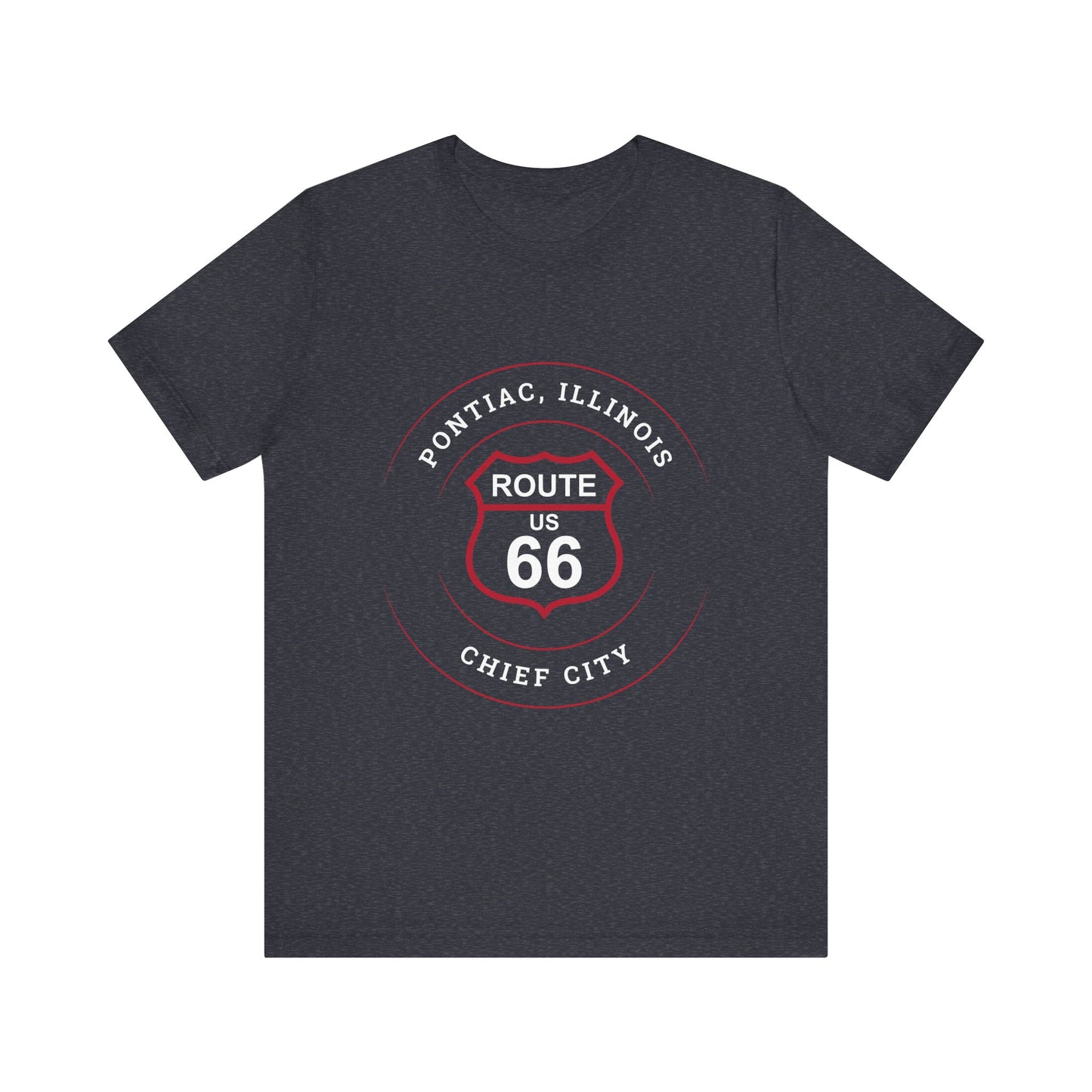 Heather navy retro Route 66 unisex jersey tee with Pontiac, IL: "Chief City" design