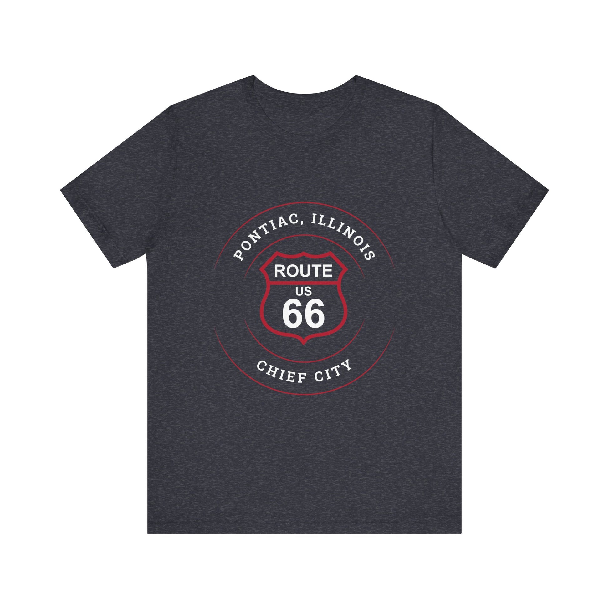 Heather navy retro Route 66 unisex jersey tee with Pontiac, IL: "Chief City" design