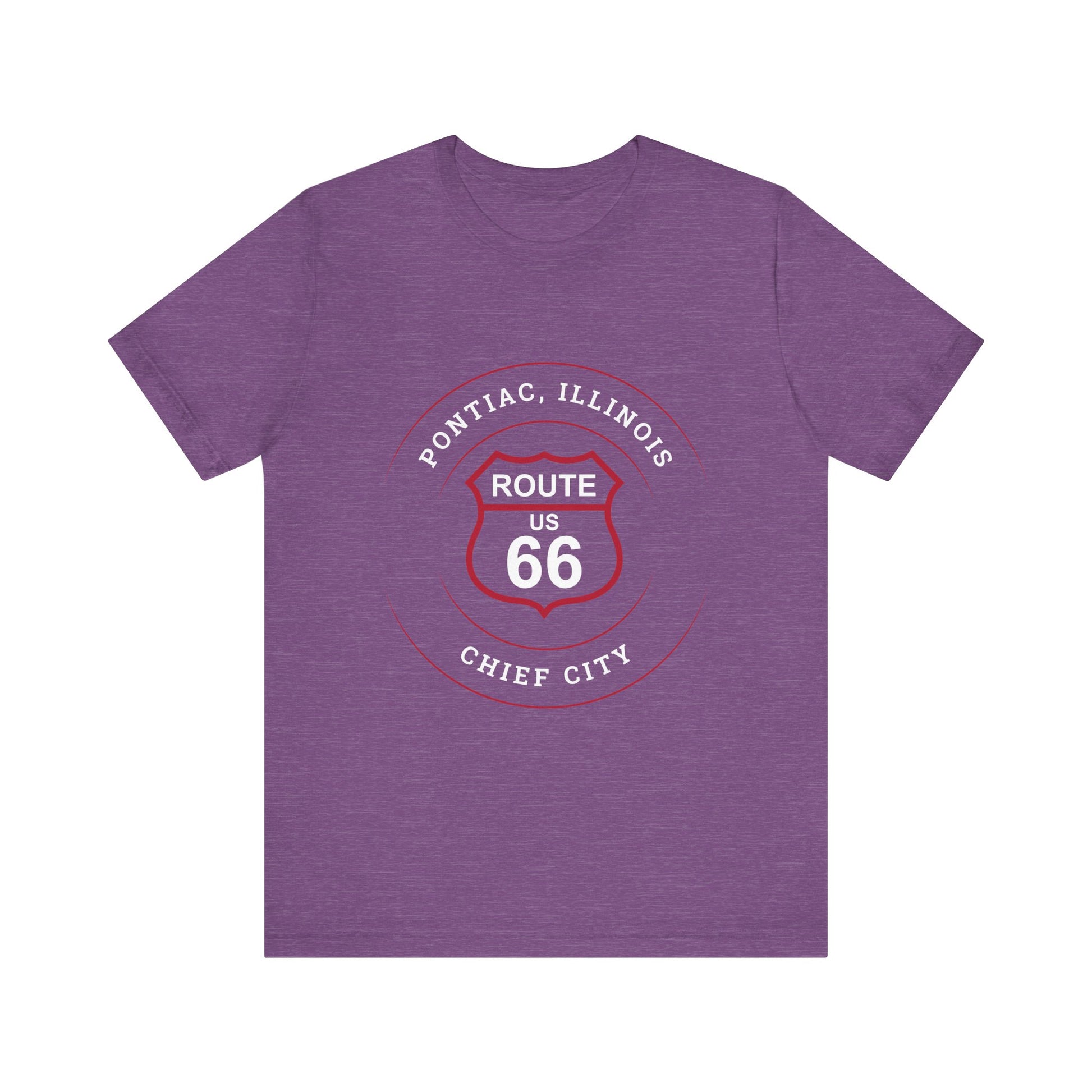 Heather team purple retro Route 66 unisex jersey tee with Pontiac, IL: "Chief City" design