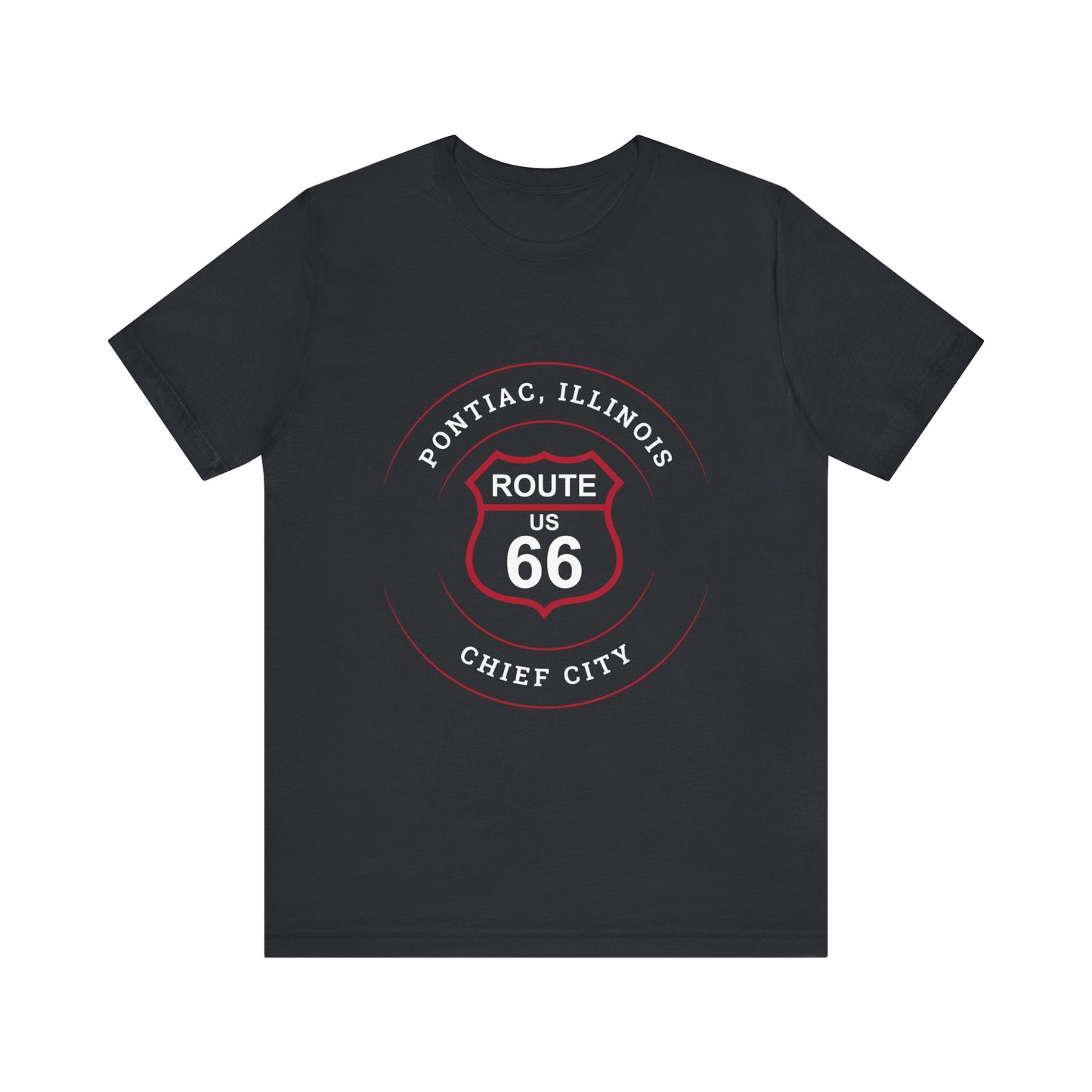 Vintage black retro Route 66 unisex jersey tee with Pontiac, IL: "Chief City" design