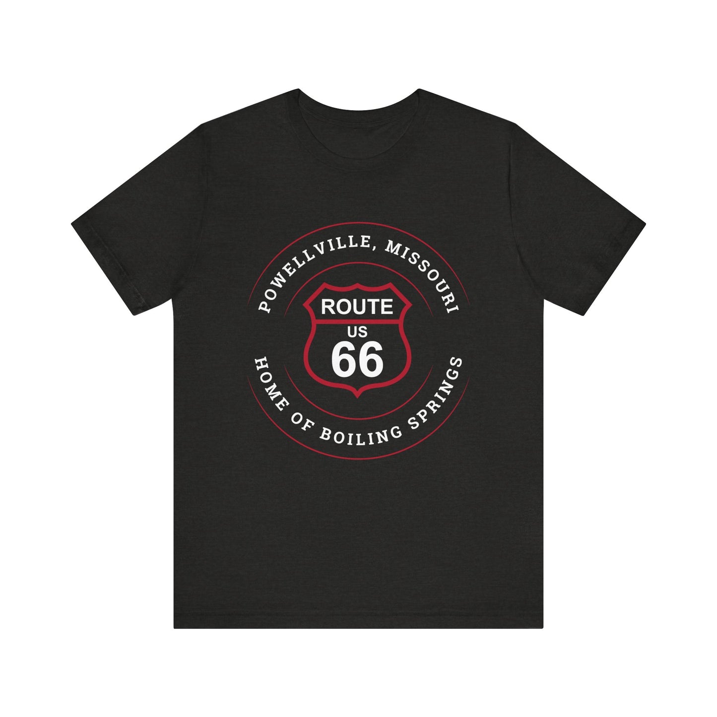 Black heather retro Route 66 unisex jersey tee with Powellville, MO: "Home of Boiling Springs" design