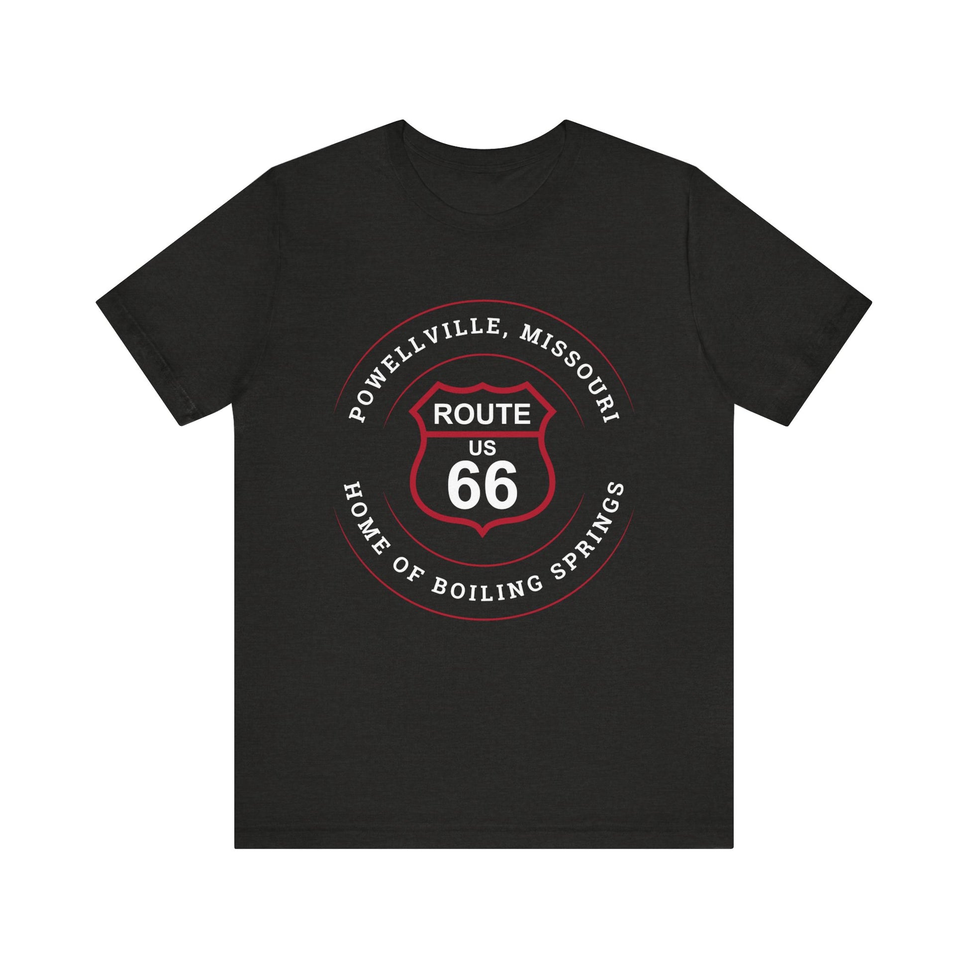 Black heather retro Route 66 unisex jersey tee with Powellville, MO: "Home of Boiling Springs" design
