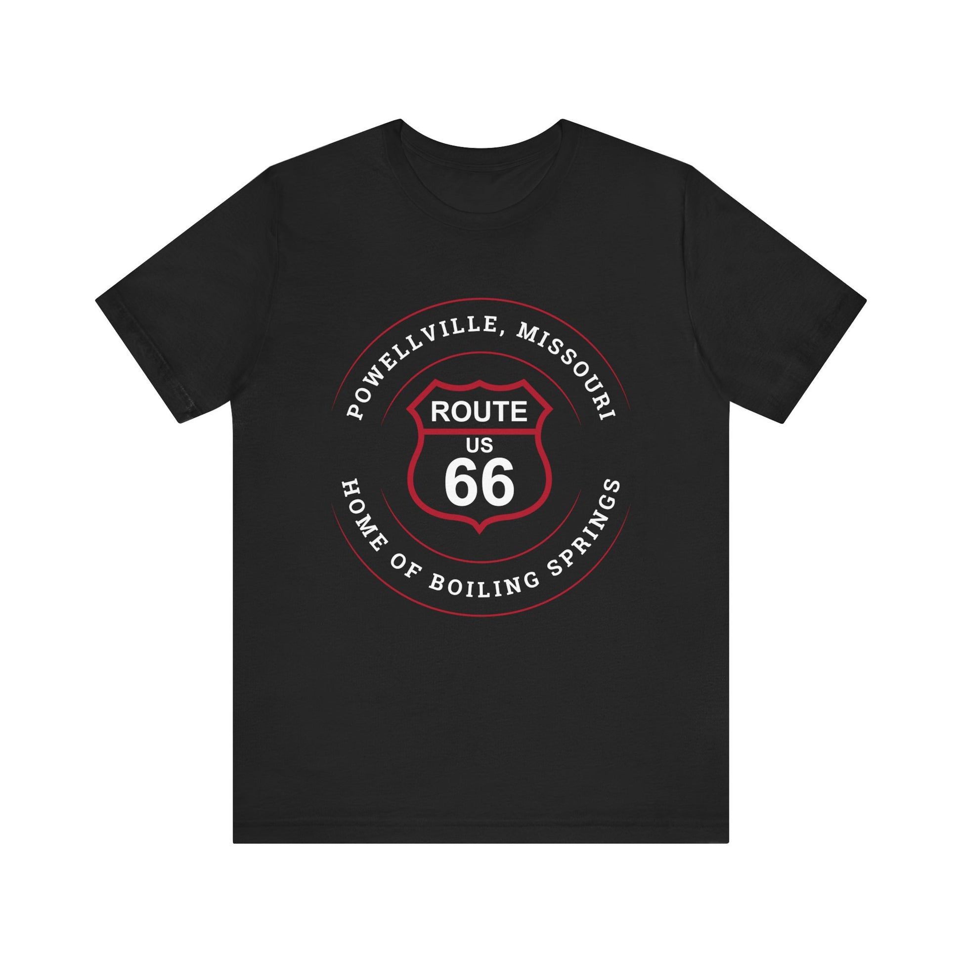 Black retro Route 66 unisex jersey tee with Powellville, MO: "Home of Boiling Springs" design