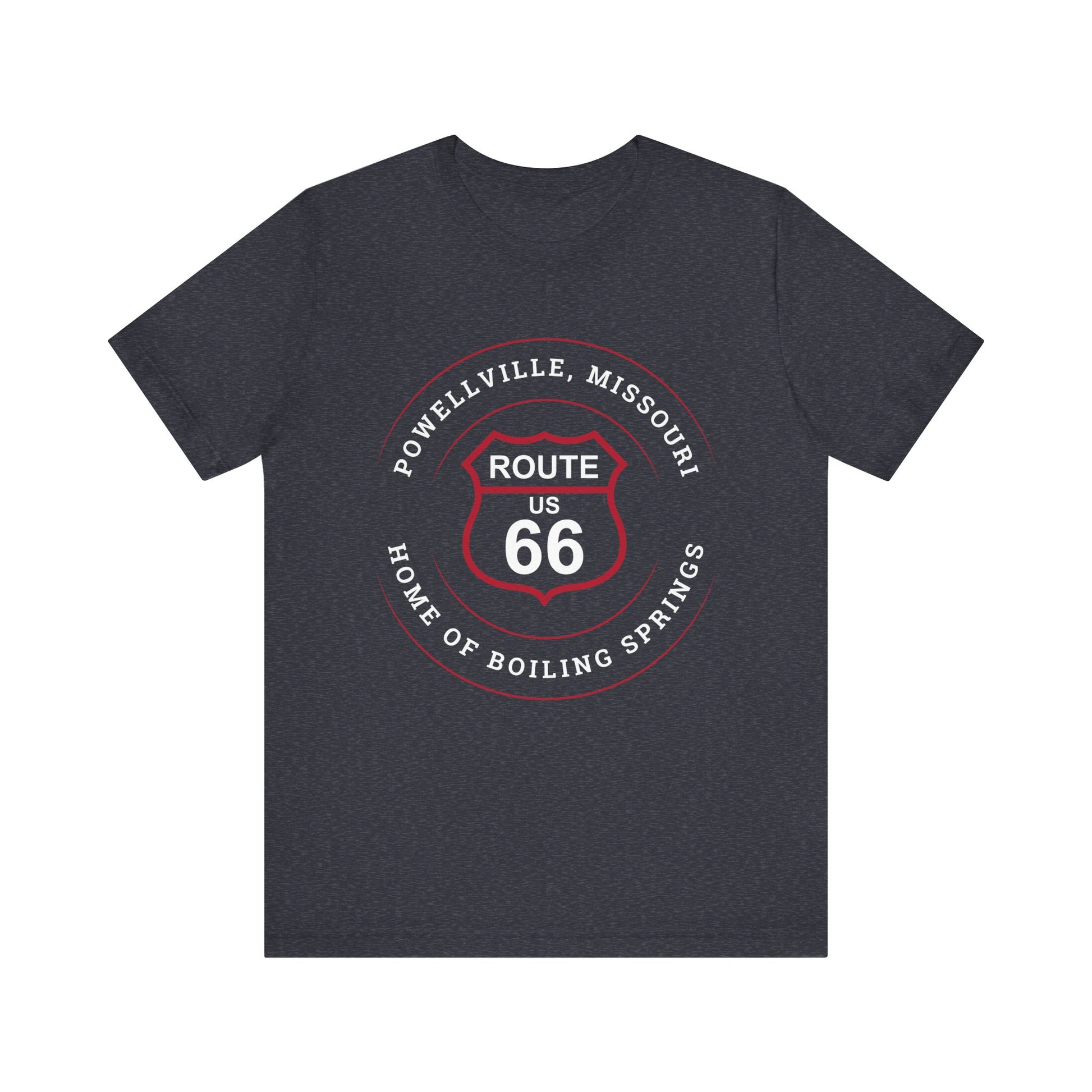 Heather navy retro Route 66 unisex jersey tee with Powellville, MO: "Home of Boiling Springs" design