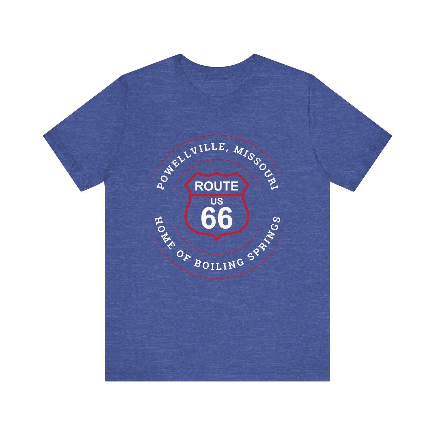 Heather true royal retro Route 66 unisex jersey tee with Powellville, MO: "Home of Boiling Springs" design