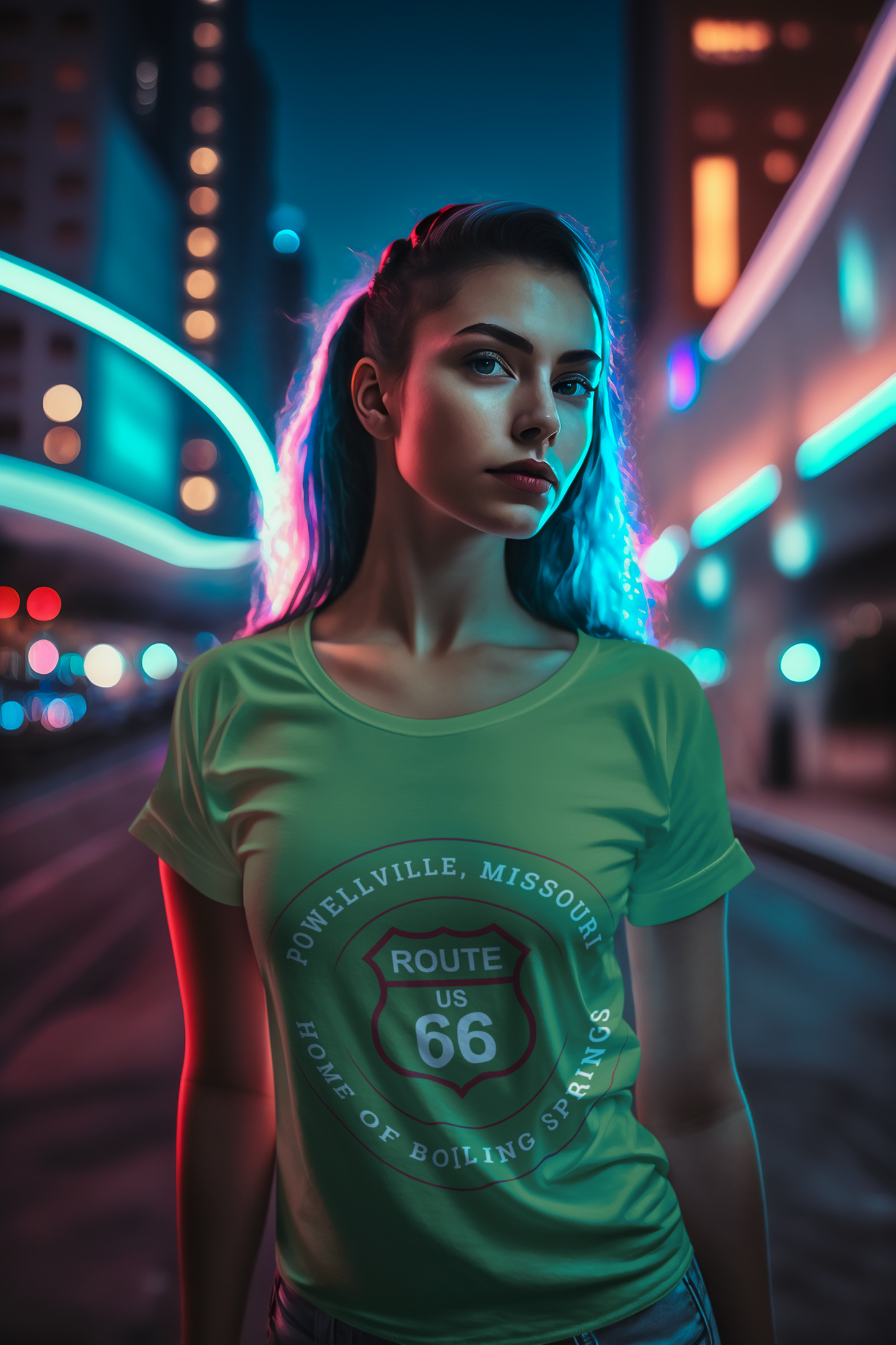 Female model wearing a leaf retro Route 66 unisex jersey tee with a Powellville, MO: "Home of Boiling Springs" design