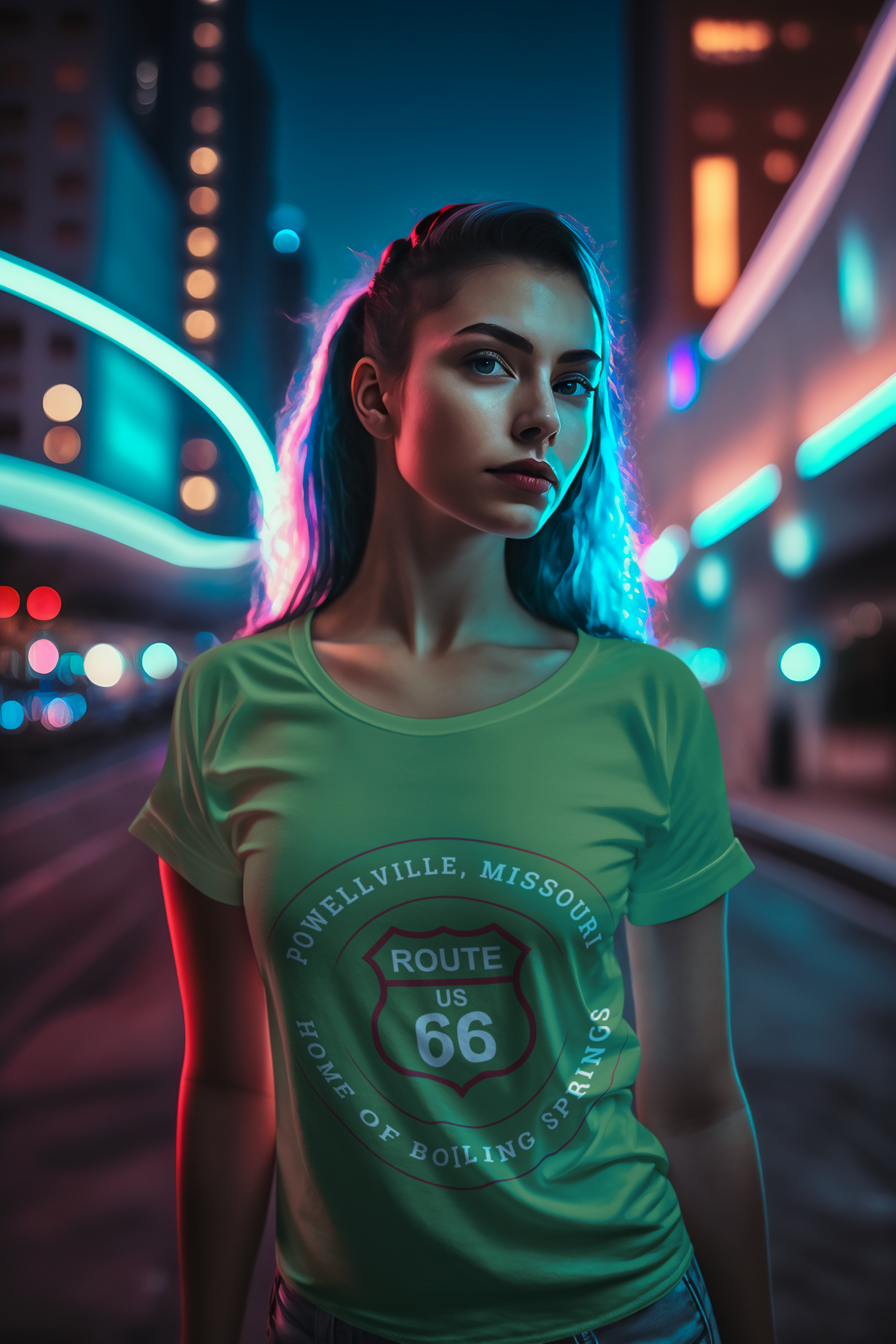 Female model wearing a leaf retro Route 66 unisex jersey tee with a Powellville, MO: "Home of Boiling Springs" design
