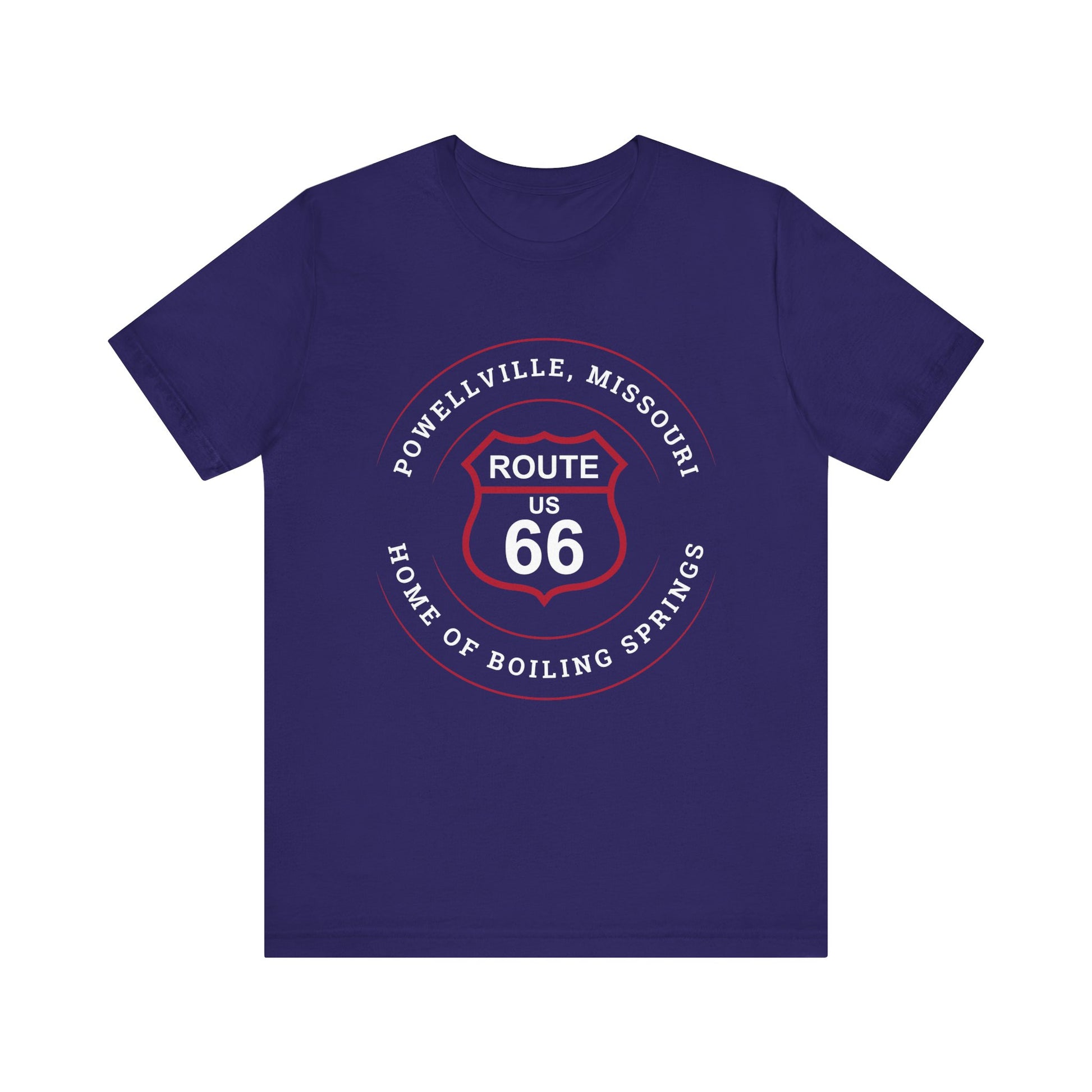 Team navy retro Route 66 unisex jersey tee with Powellville, MO: "Home of Boiling Springs" design