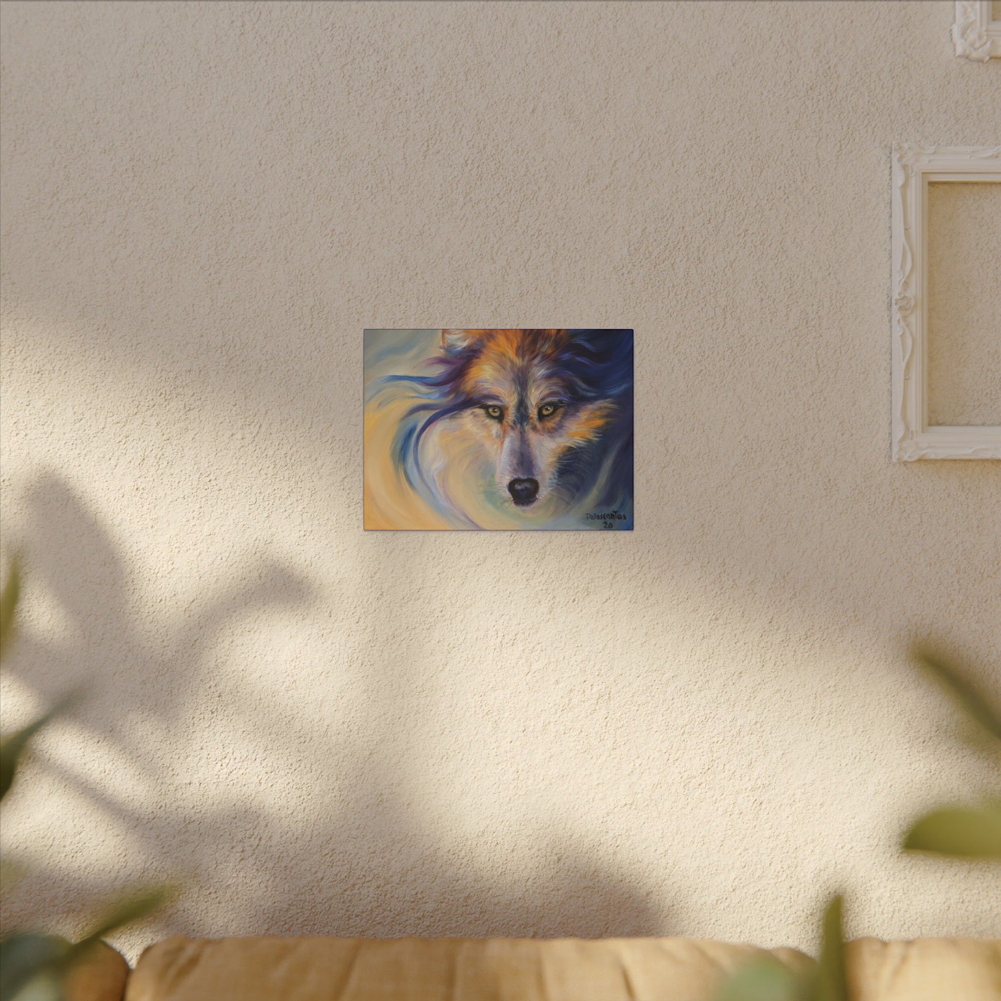 A distant view of an expressionistic painting of a wolf's head with intense yellow eyes. The wolf's fur and the background are rendered in swirling, psychedelic brushstrokes of deep indigo, bright gold, lavender, and white, creating a sense of movement and "wild spirit."
