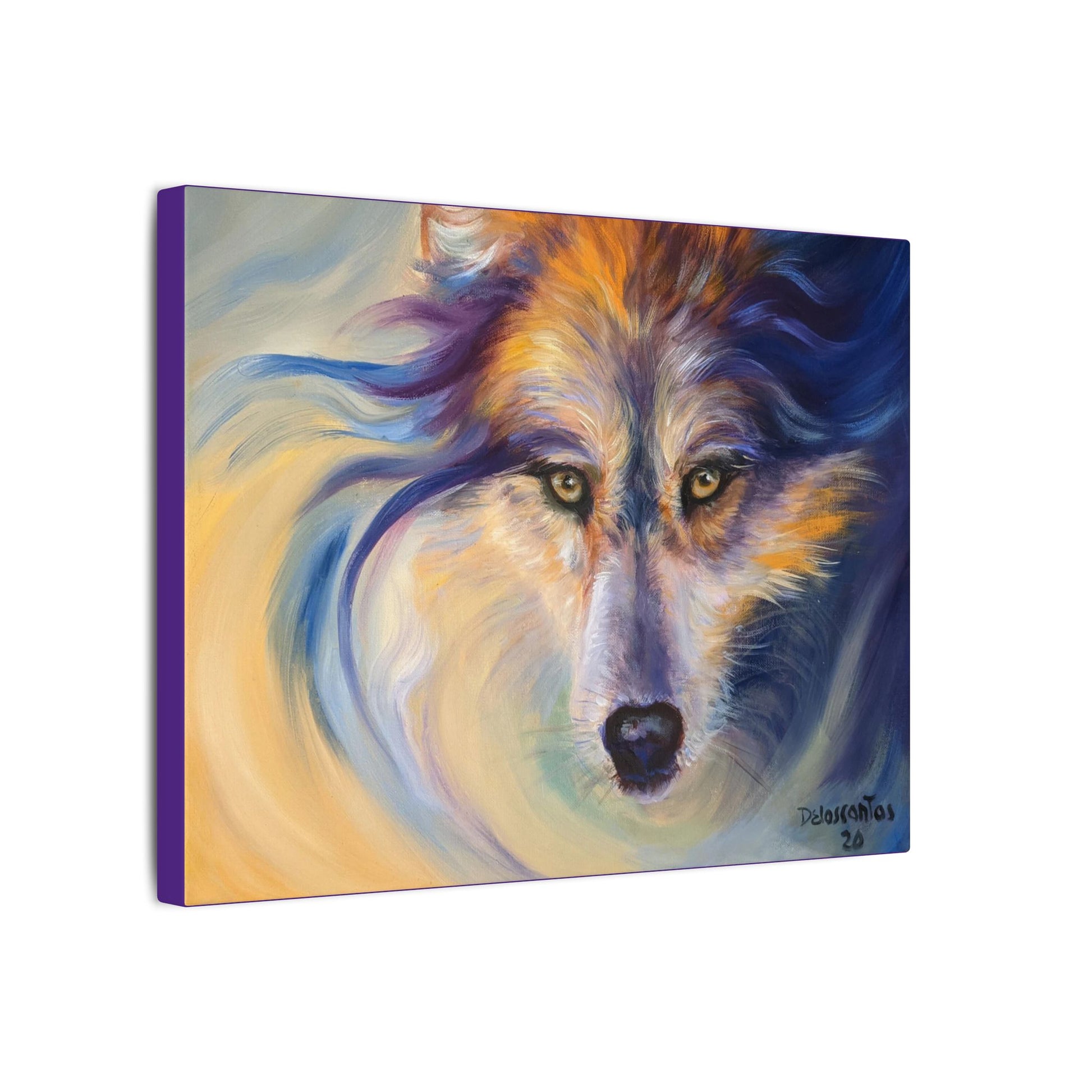 A close-up side view of an expressionistic painting of a wolf's head with intense yellow eyes. The wolf's fur and the background are rendered in swirling, psychedelic brushstrokes of deep indigo, bright gold, lavender, and white, creating a sense of movement and "wild spirit."