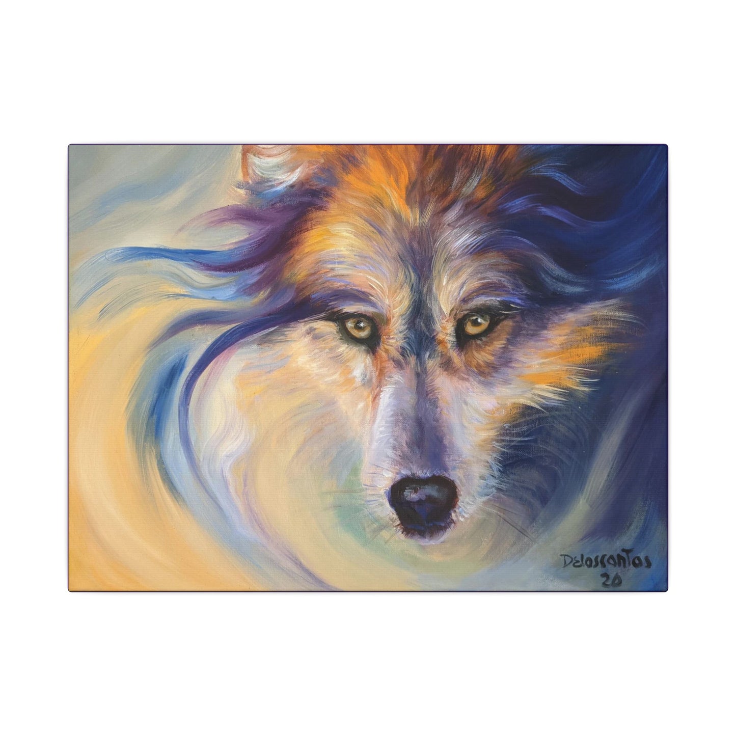 Colorful painting of a wolf's face with  expressive, colorful brushstrokes in shades of gold, blue, purple and white.