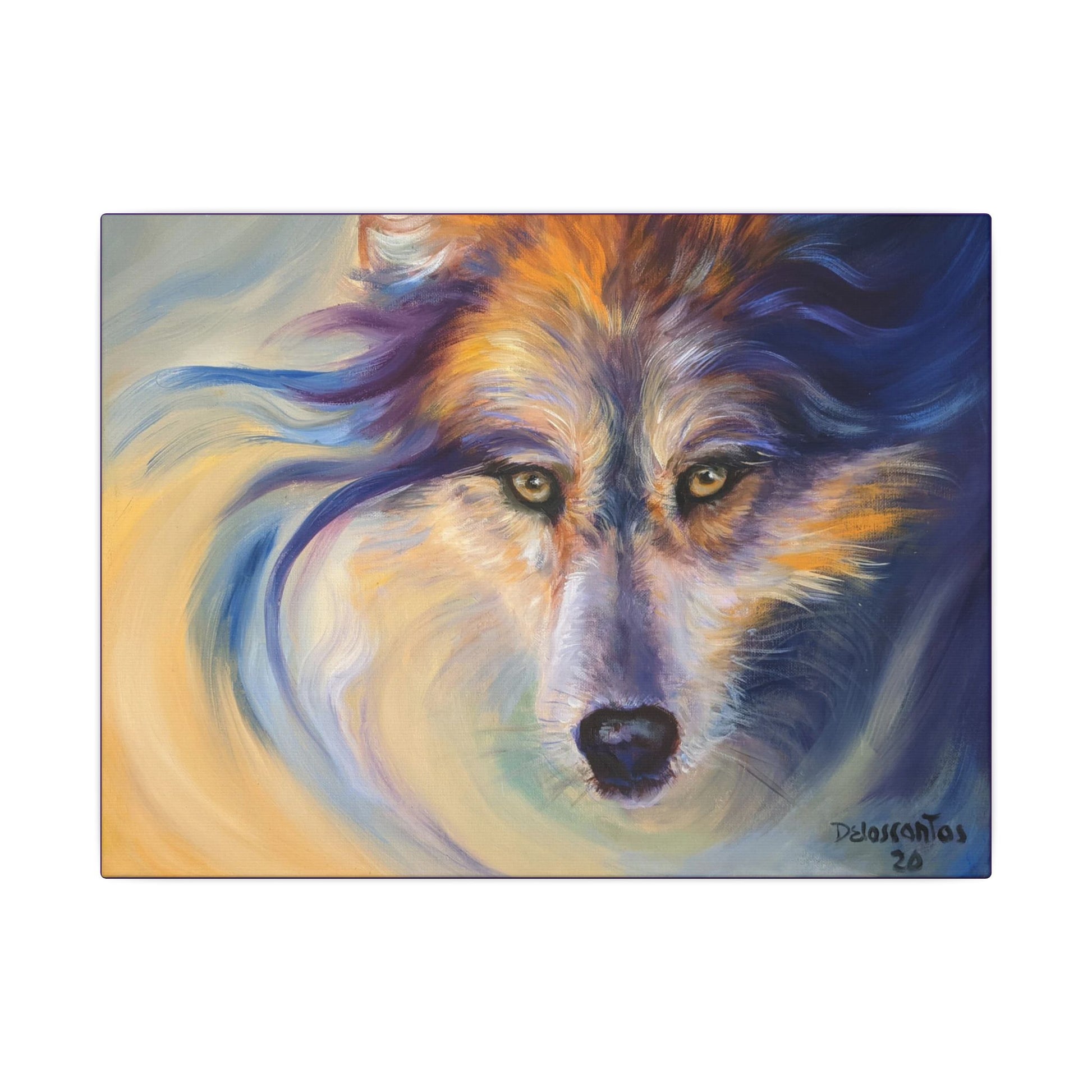 Colorful painting of a wolf's face with  expressive, colorful brushstrokes in shades of gold, blue, purple and white.