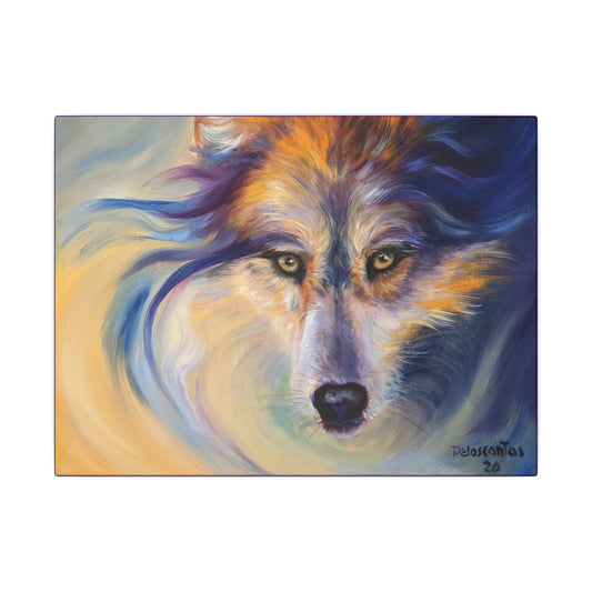 Colorful painting of a wolf's face with  expressive, colorful brushstrokes in shades of gold, blue, purple and white.