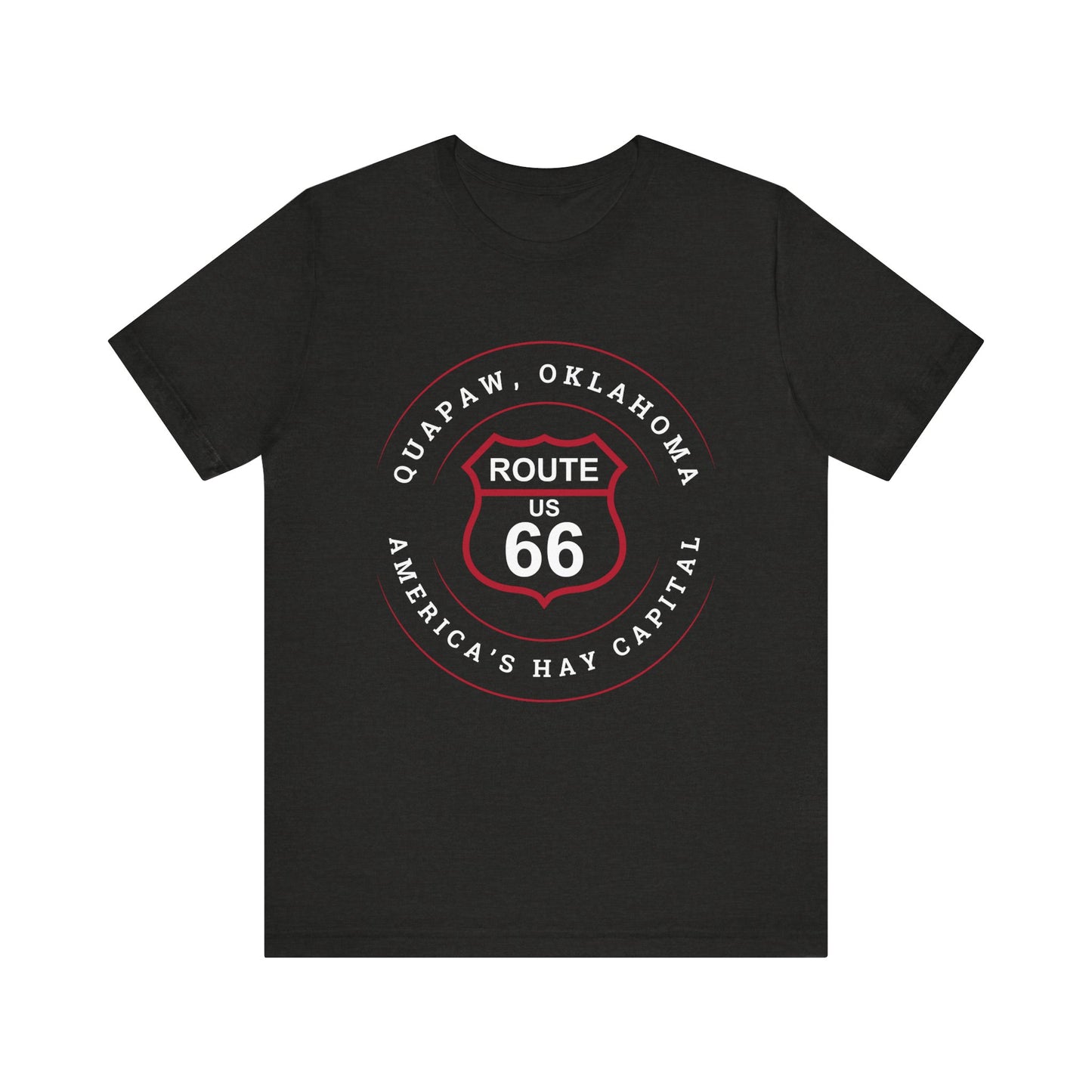 Black heather retro Route 66 unisex jersey tee with Quapaw, OK "America's Hay Capital" design