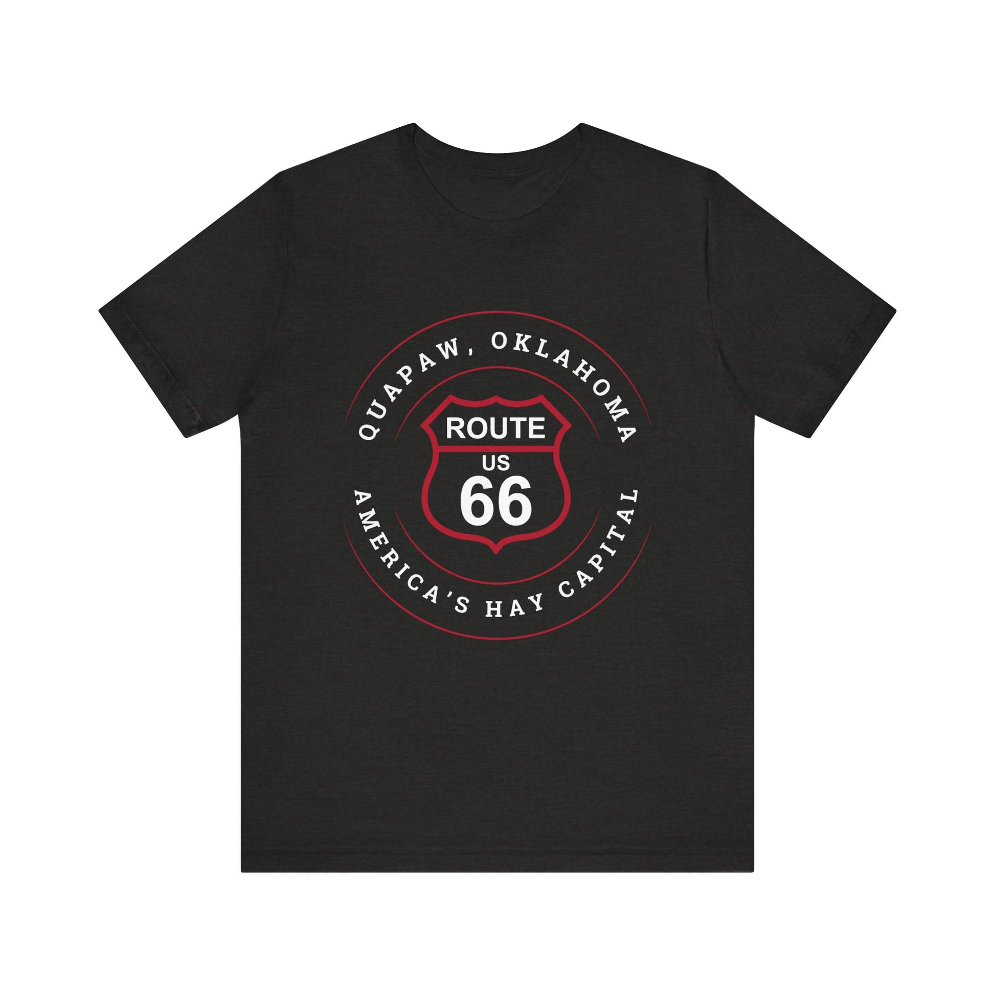 Black heather retro Route 66 unisex jersey tee with Quapaw, OK "America's Hay Capital" design
