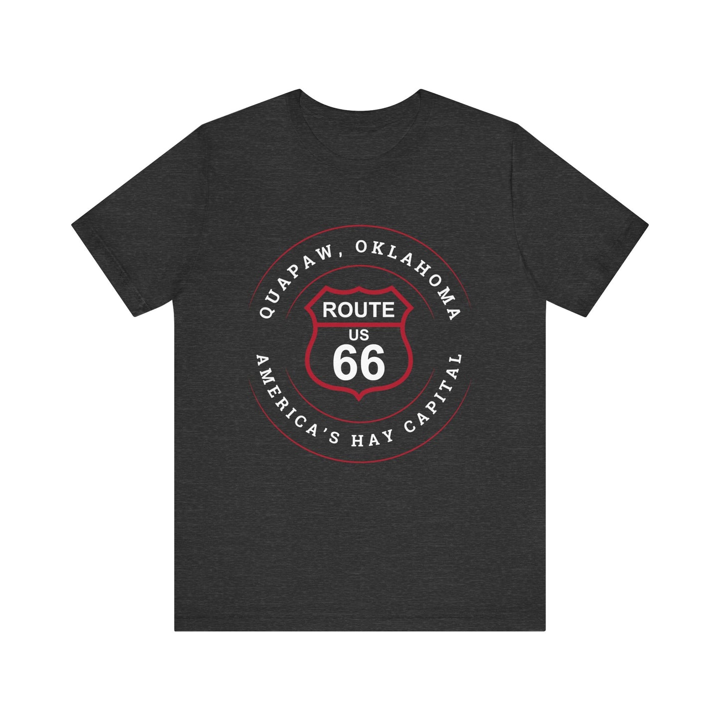 Dark grey heather retro Route 66 unisex jersey tee with Quapaw, OK "America's Hay Capital" design