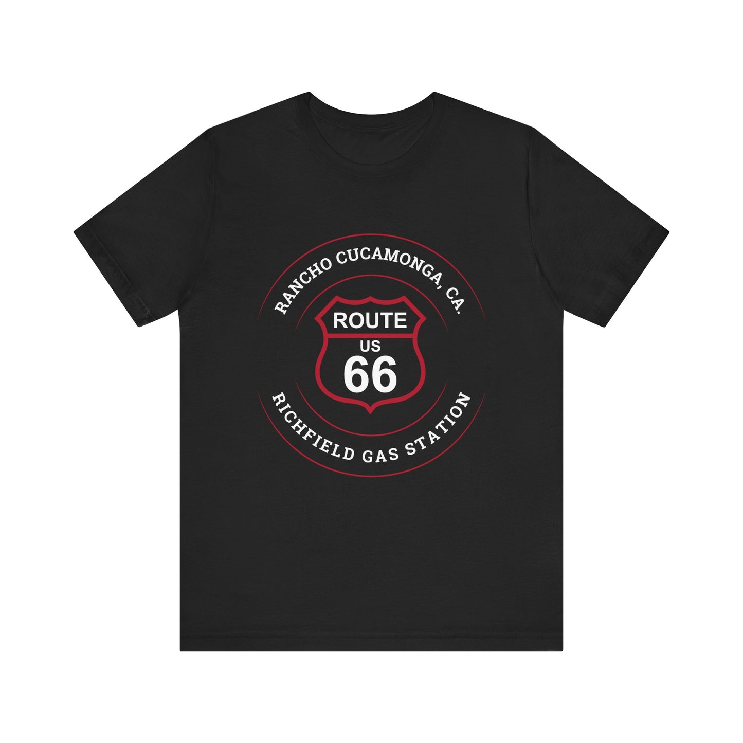 Black retro Route 66 unisex jersey tee with Rancho Cucamonga, CA: "Richfield Gas Station" design