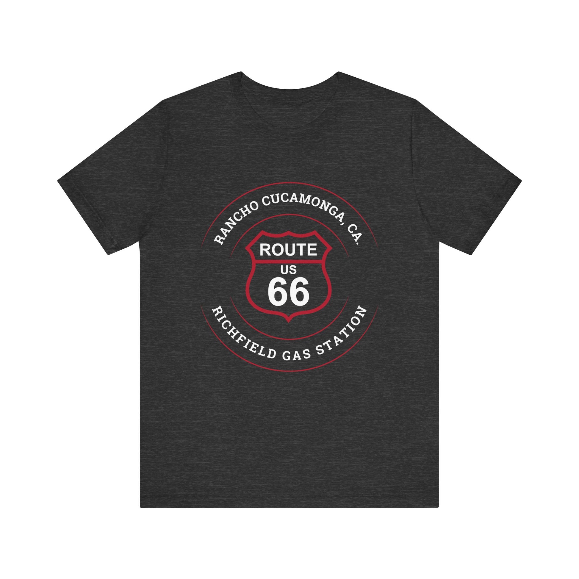 Heather navy retro Route 66 unisex jersey tee with Rancho Cucamonga, CA: "Richfield Gas Station" design