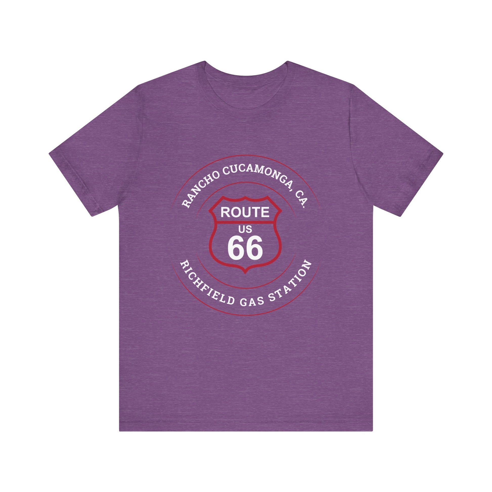 Heather team purple retro Route 66 unisex jersey tee with Rancho Cucamonga, CA: "Richfield Gas Station" design