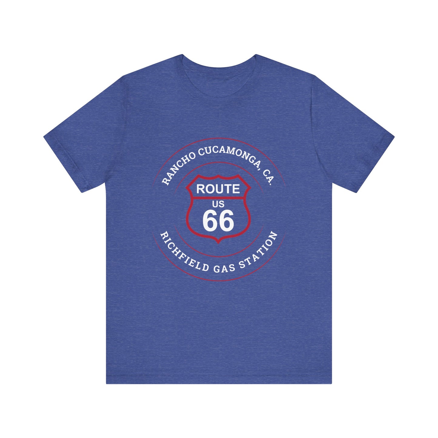 Heather true royal retro Route 66 unisex jersey tee with Rancho Cucamonga, CA: "Richfield Gas Station" design