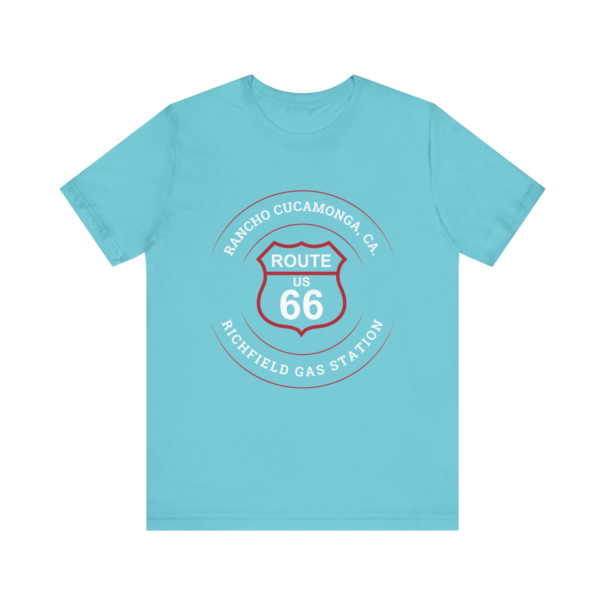 Turquoise retro Route 66 unisex jersey tee with Rancho Cucamonga, CA: "Richfield Gas Station" design