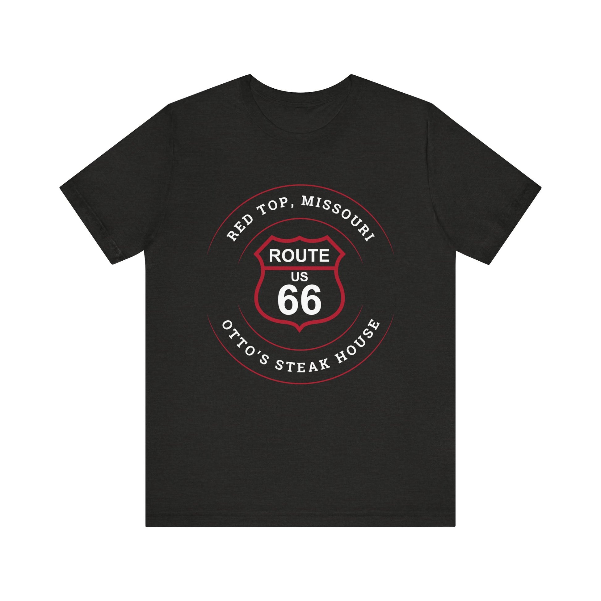 Black heather retro Route 66 unisex jersey tee with Red Top, MO "Otto's Steak House" design