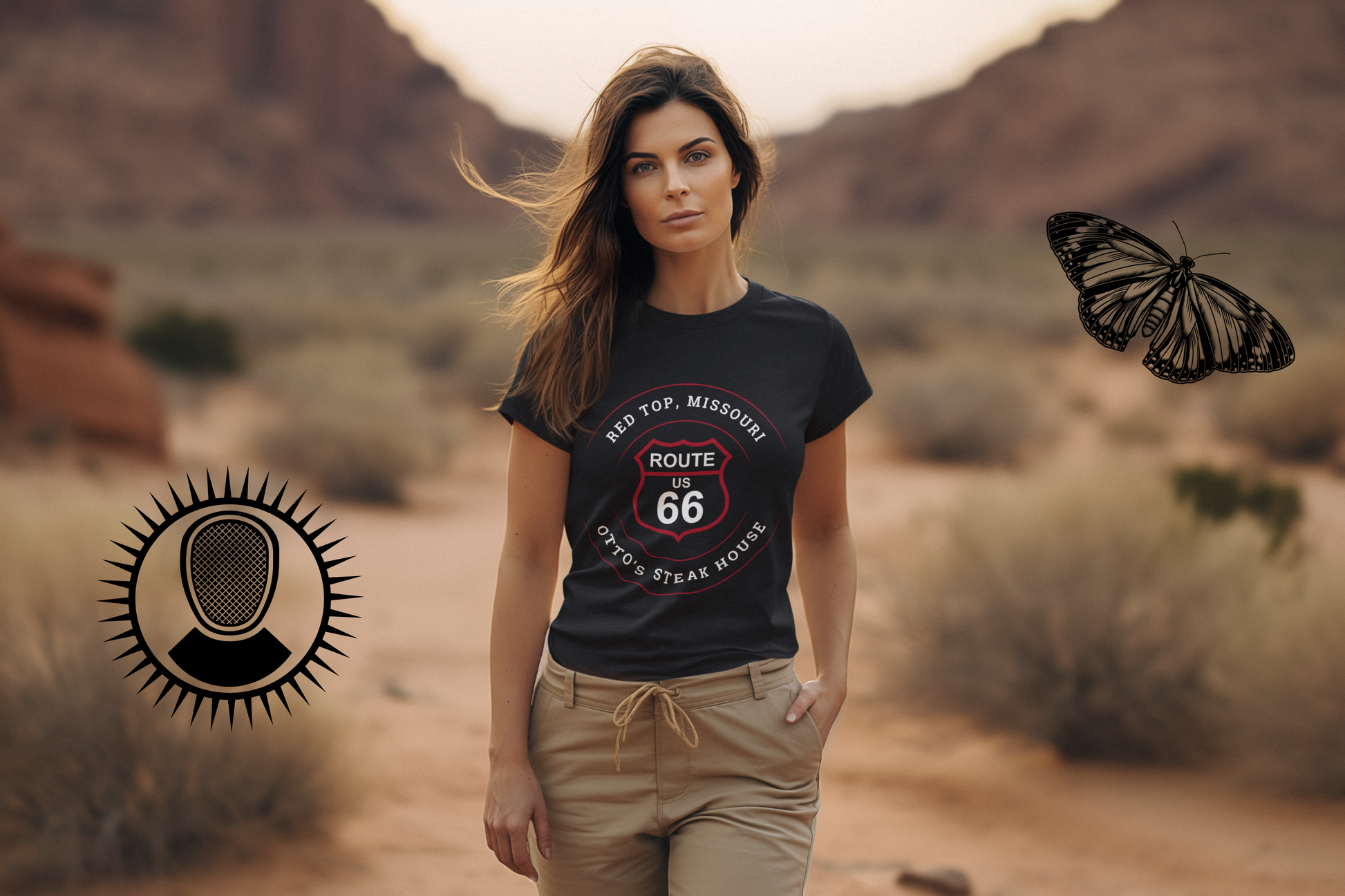 Female model walking through the mountains and wearing a black retro Route 66 unisex jersey tee with a Red Top, MO "Otto's Steak House" design