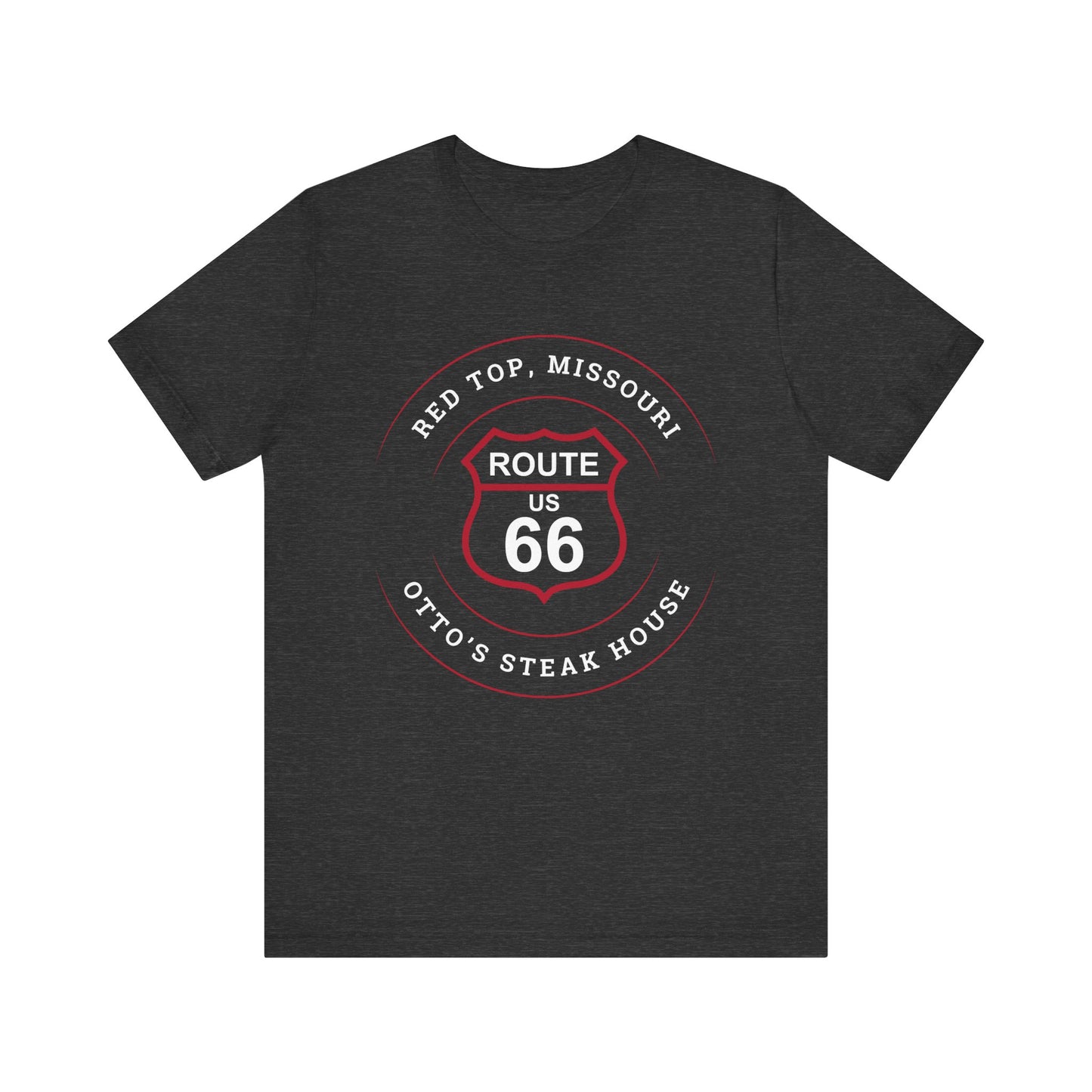 Dark grey heather retro Route 66 unisex jersey tee with Red Top, MO "Otto's Steak House" design