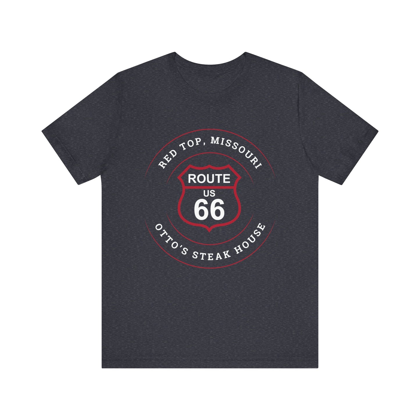 Heather navy retro Route 66 unisex jersey tee with Red Top, MO "Otto's Steak House" design