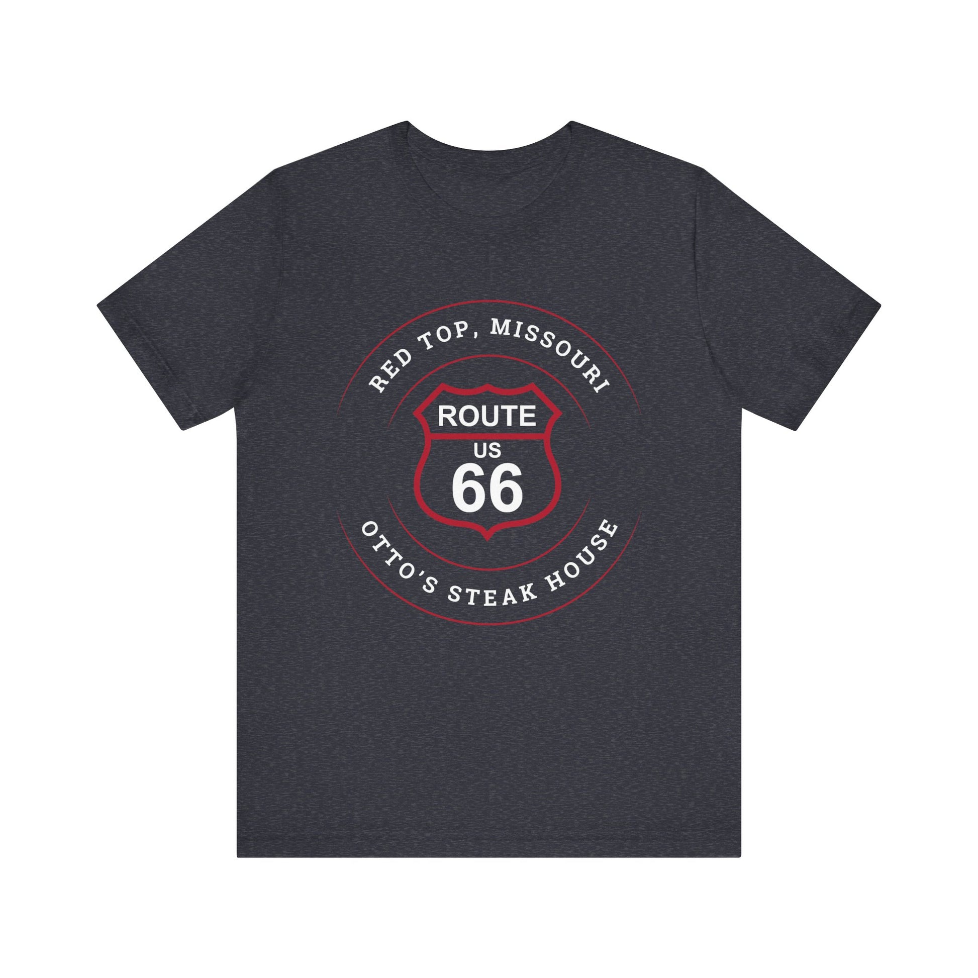 Heather navy retro Route 66 unisex jersey tee with Red Top, MO "Otto's Steak House" design