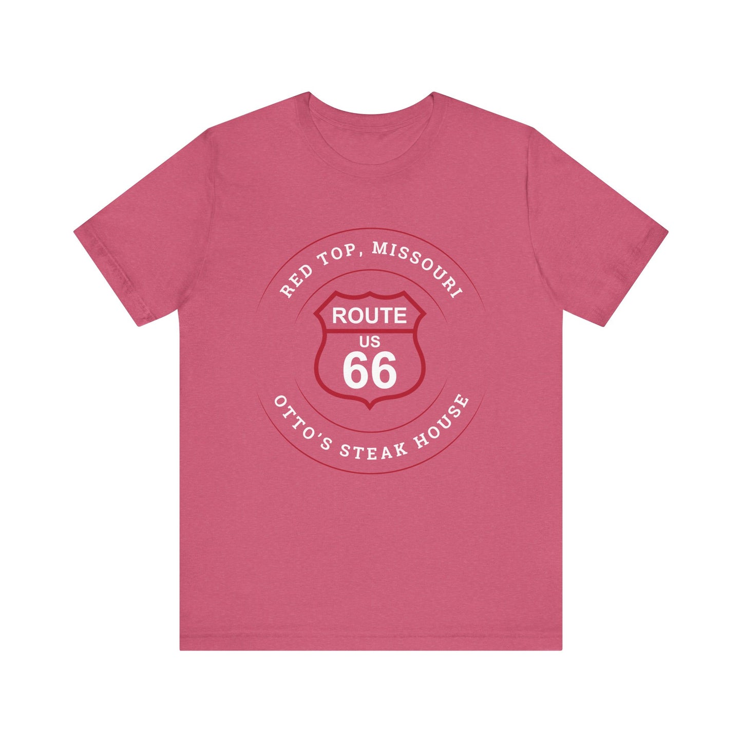 Heather raspberry retro Route 66 unisex jersey tee with Red Top, MO "Otto's Steak House" design