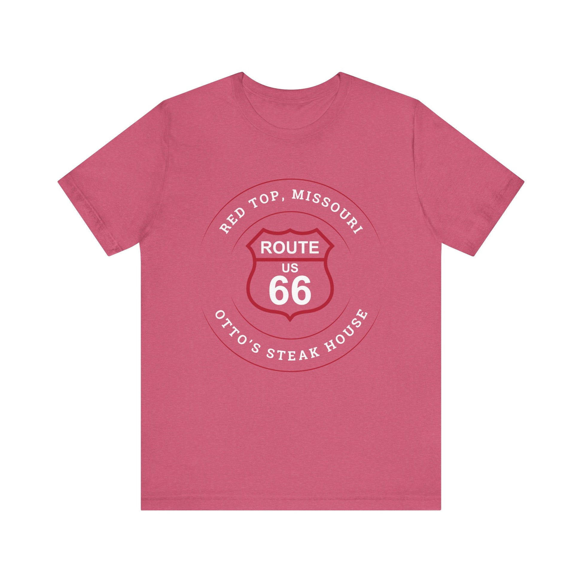 Heather raspberry retro Route 66 unisex jersey tee with Red Top, MO "Otto's Steak House" design