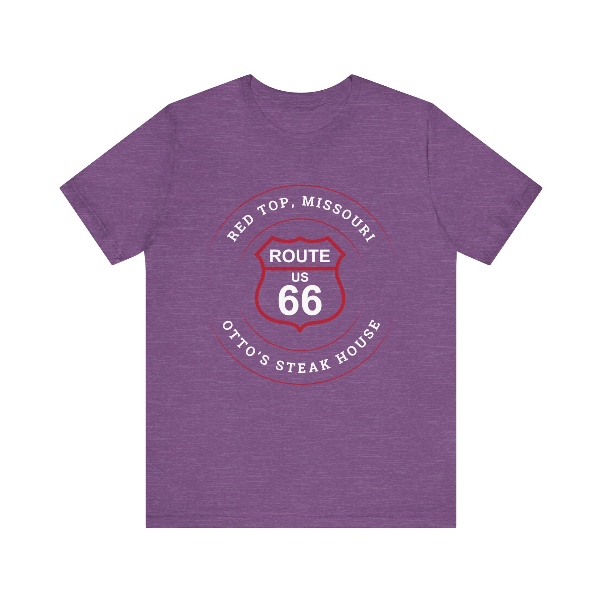 Heather team purple retro Route 66 unisex jersey tee with Red Top, MO "Otto's Steak House" design