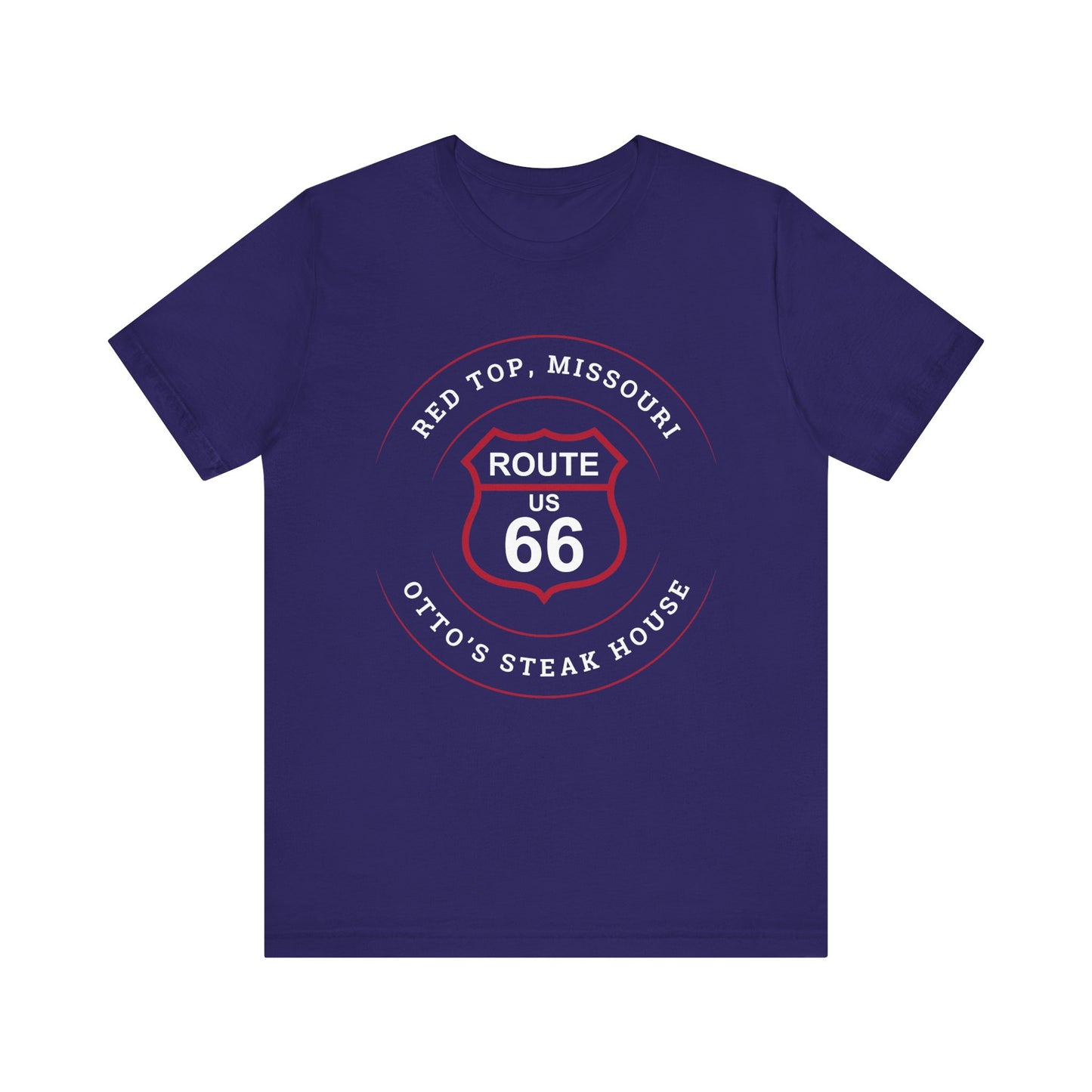 Team navy retro Route 66 unisex jersey tee with Red Top, MO "Otto's Steak House" design