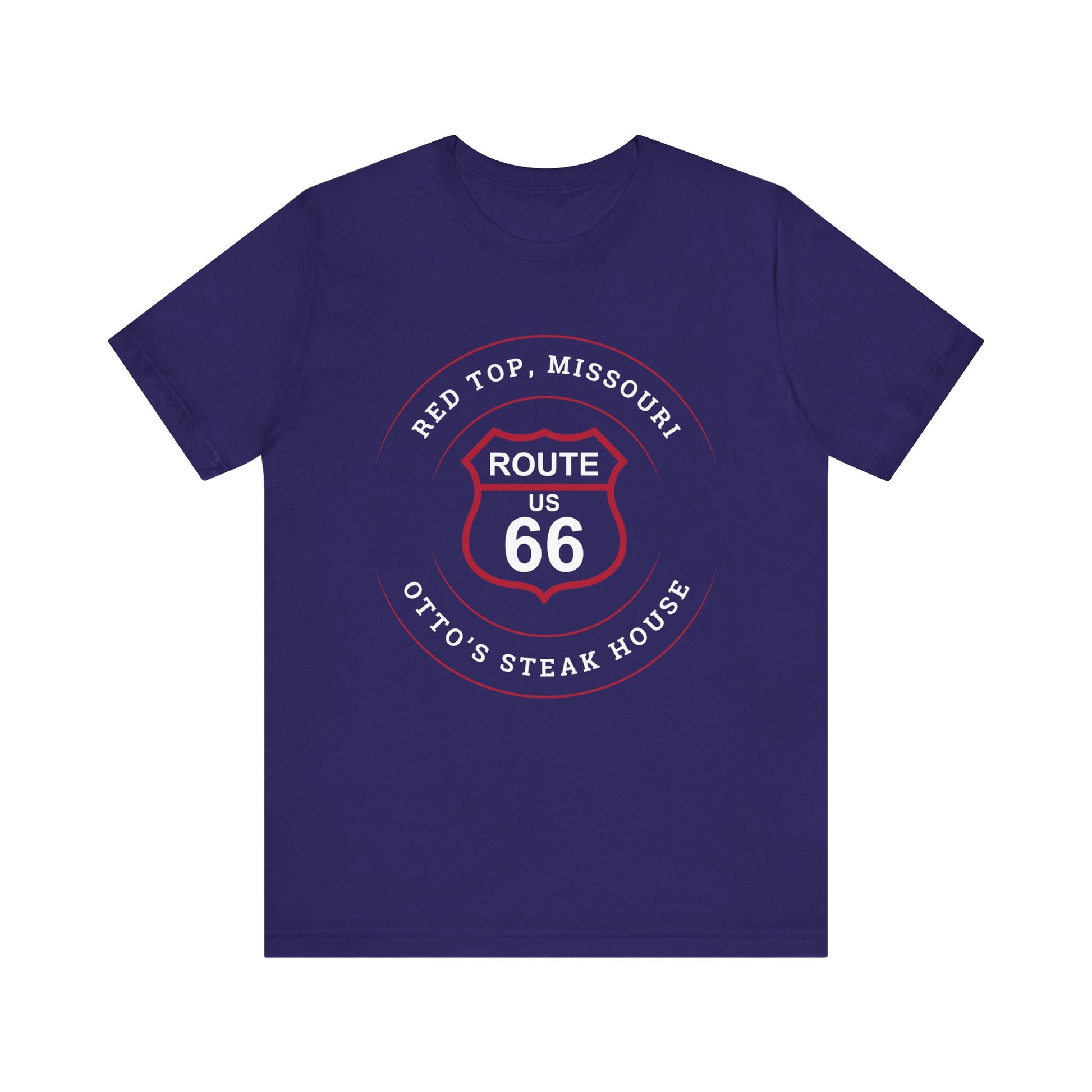 Team navy retro Route 66 unisex jersey tee with Red Top, MO "Otto's Steak House" design