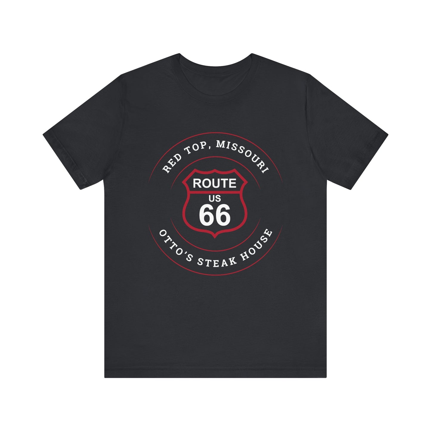 Vintage black retro Route 66 unisex jersey tee with Red Top, MO "Otto's Steak House" design