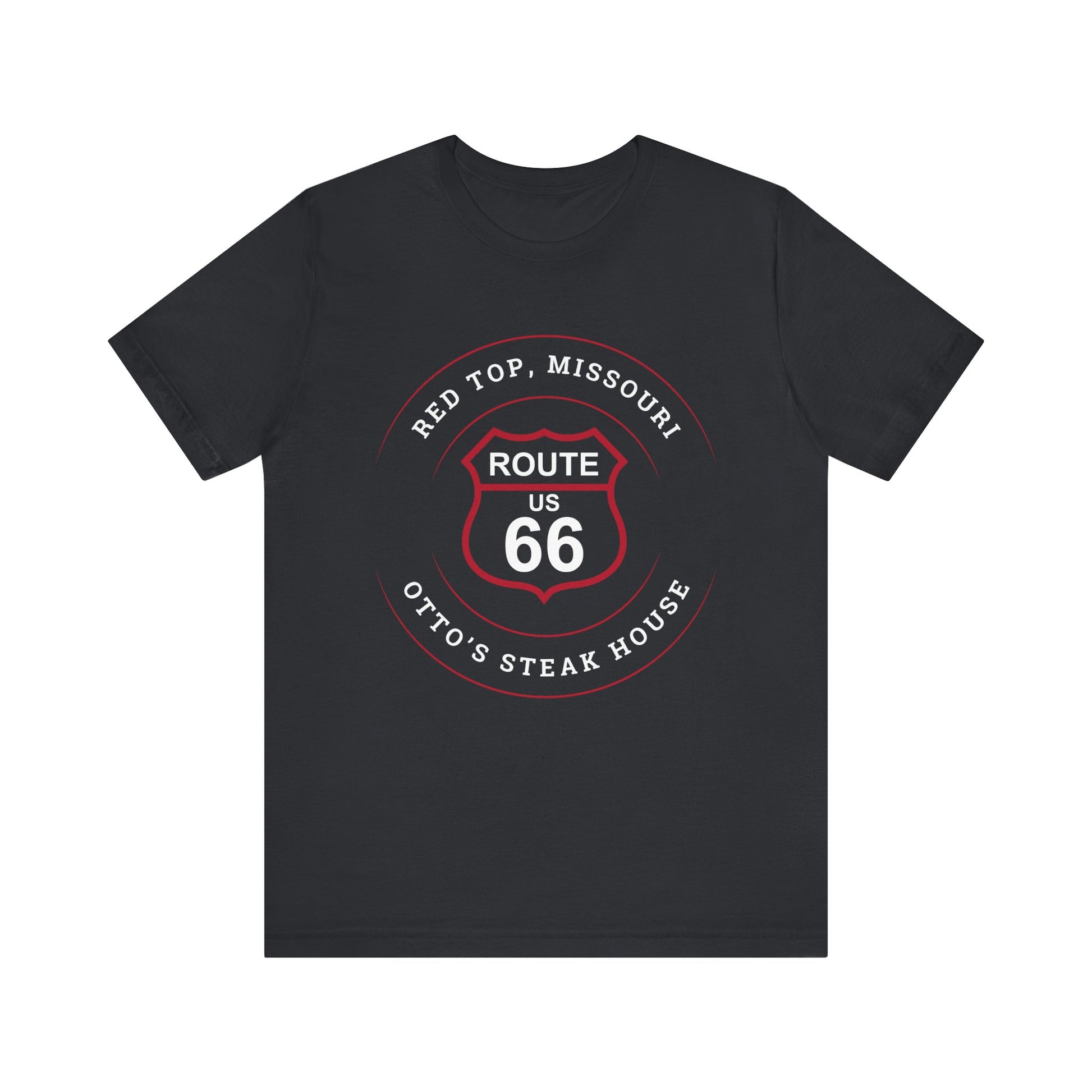 Vintage black retro Route 66 unisex jersey tee with Red Top, MO "Otto's Steak House" design