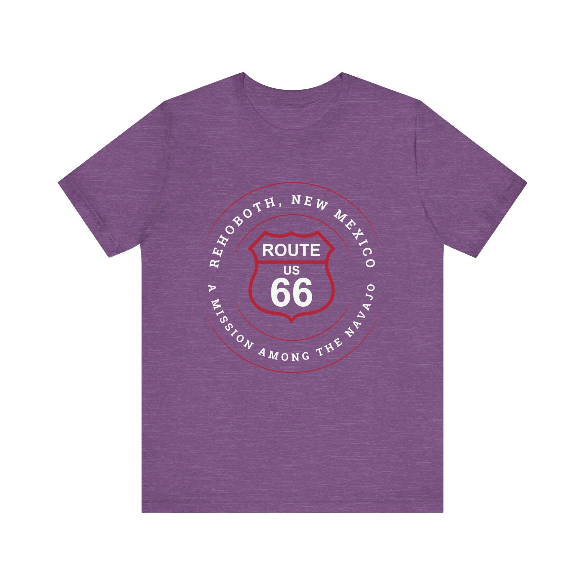 Heather team purple retro Route 66 unisex jersey tee with Rehoboth, NM: "A Mission Among the Navajo" design