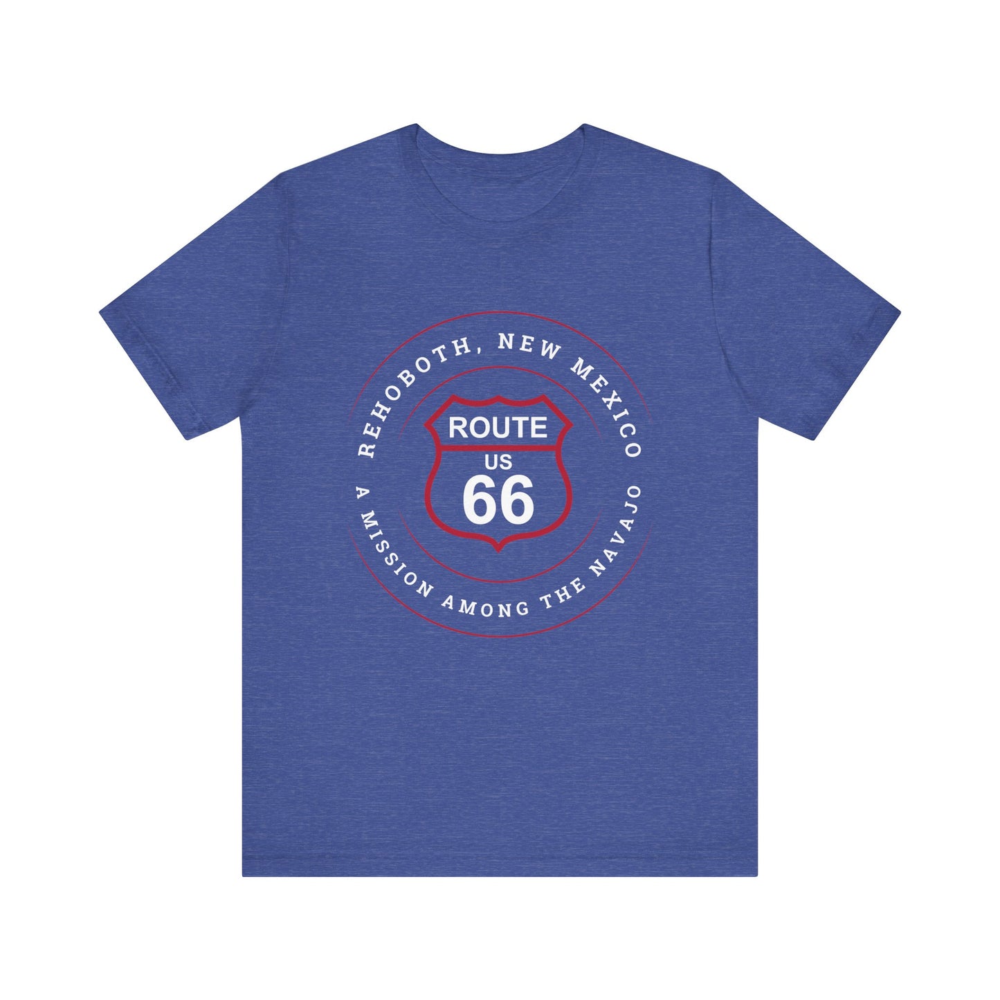 Heather true royal retro Route 66 unisex jersey tee with Rehoboth, NM: "A Mission Among the Navajo" design