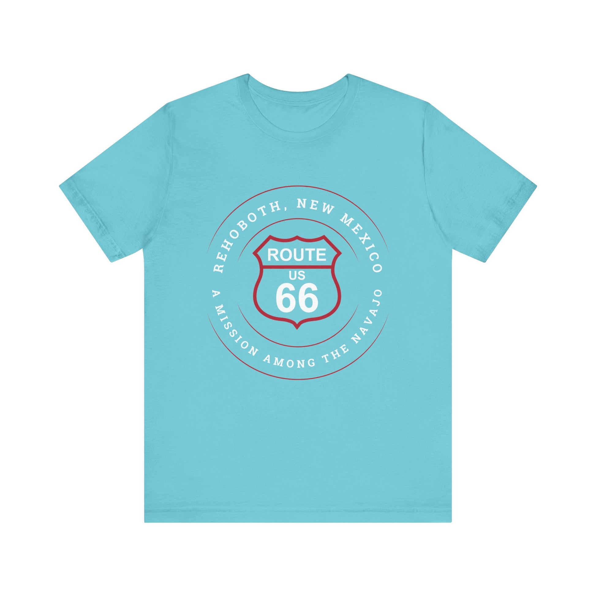 Turquoise retro Route 66 unisex jersey tee with Rehoboth, NM: "A Mission Among the Navajo" design
