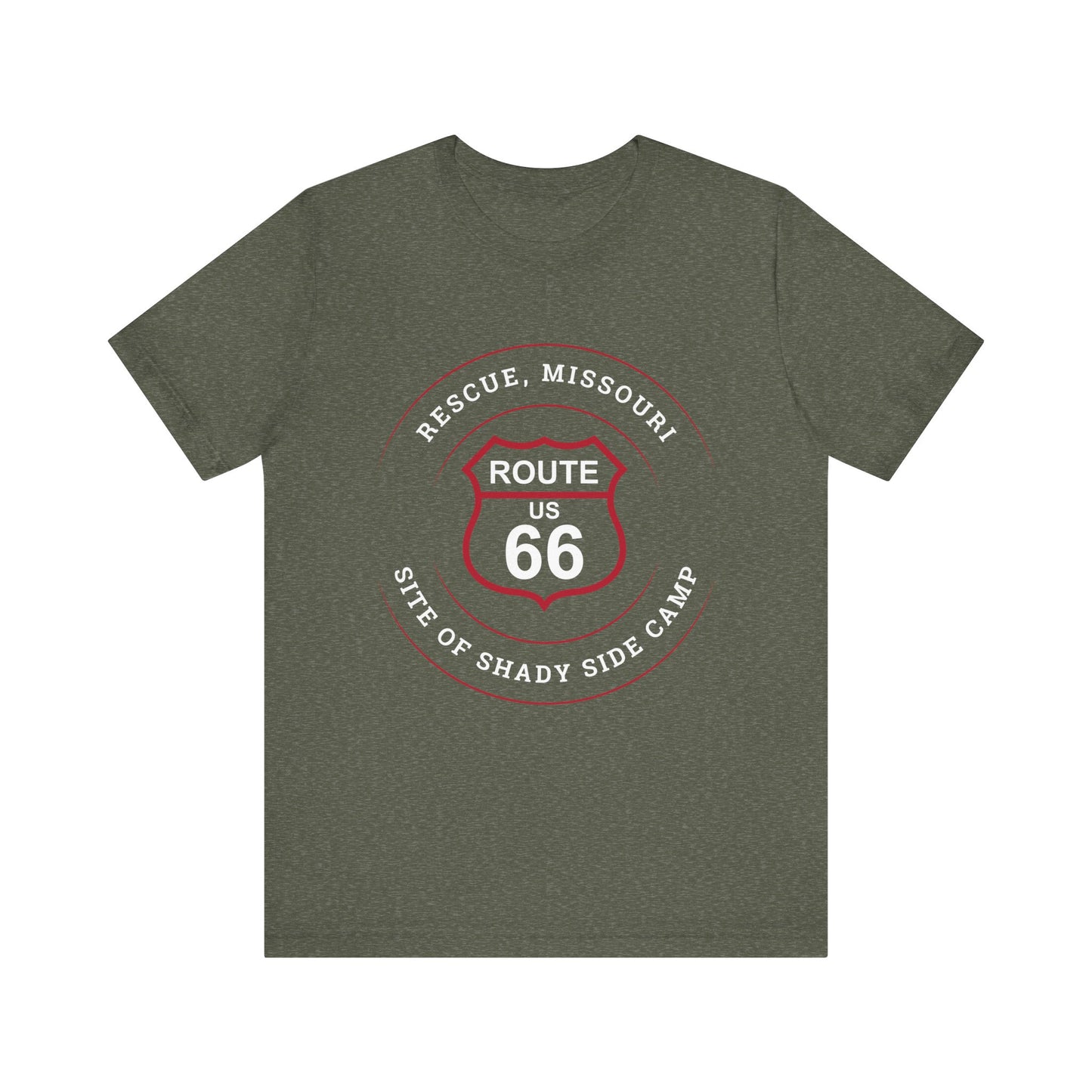 Heather military green retro Route 66 unisex jersey tee with Rescue, MO "Site of Shady Side Camp" design